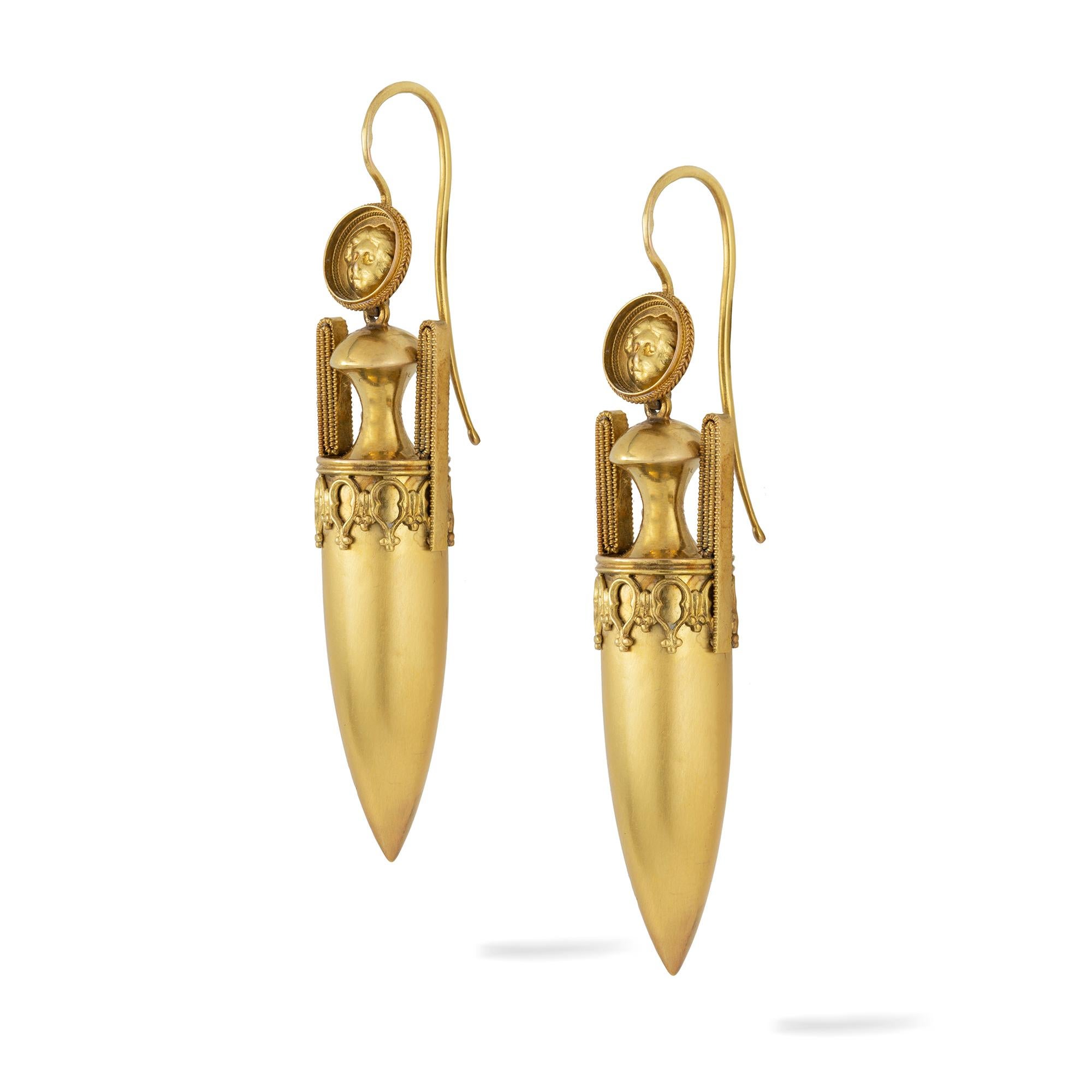 A pair of Etruscan revival gold amphora drop earrings, the yellow disk depicting the face of medusa set to hook fitting, suspending an amphora with wire-work decorations, circa 1870, earrings measuring approximately 5.7 x 1.2cm, gross weight 8.4