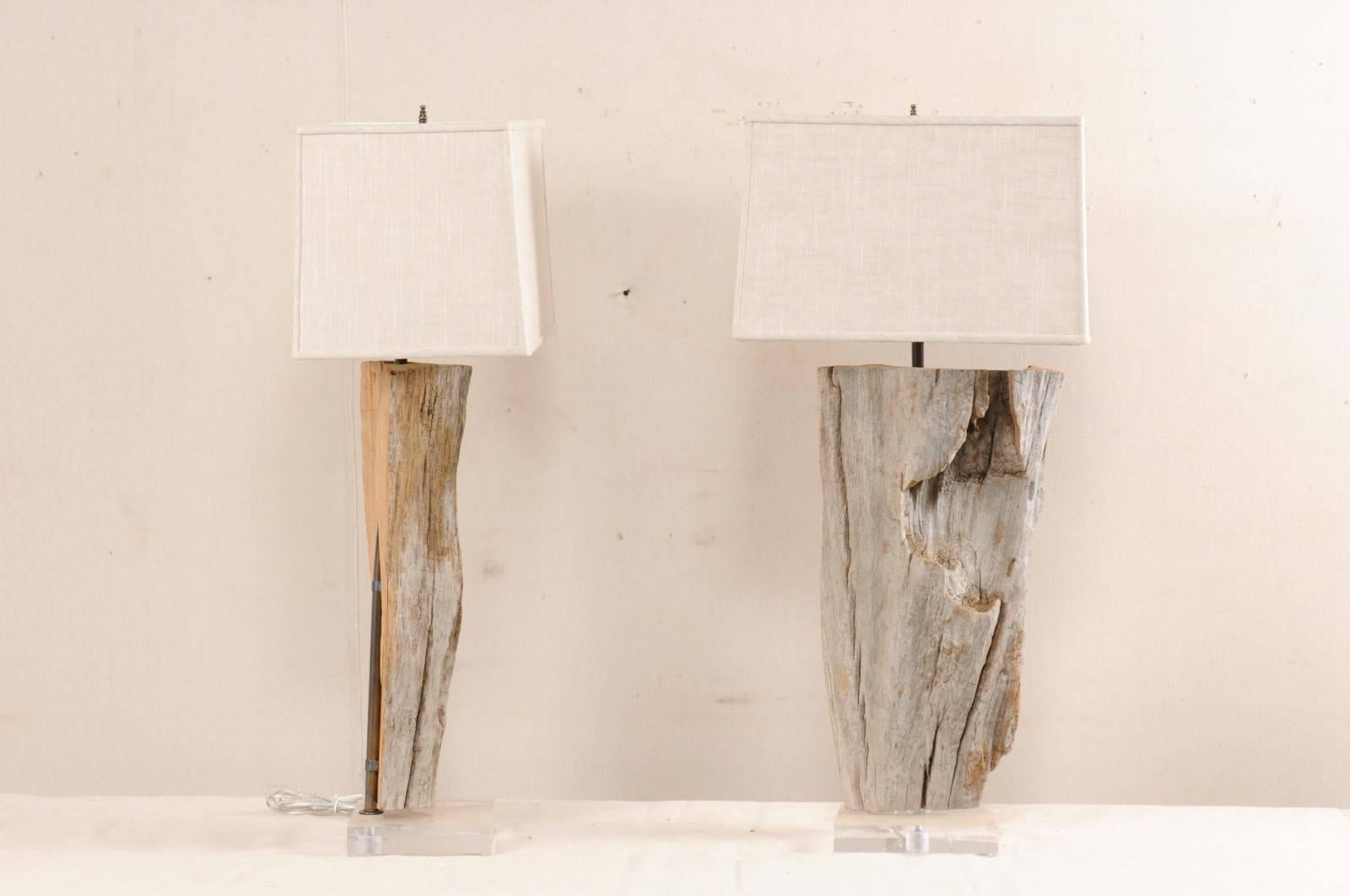 Pair of European Natural Driftwood Finished Table Lamps with Custom Shades In Good Condition In Atlanta, GA
