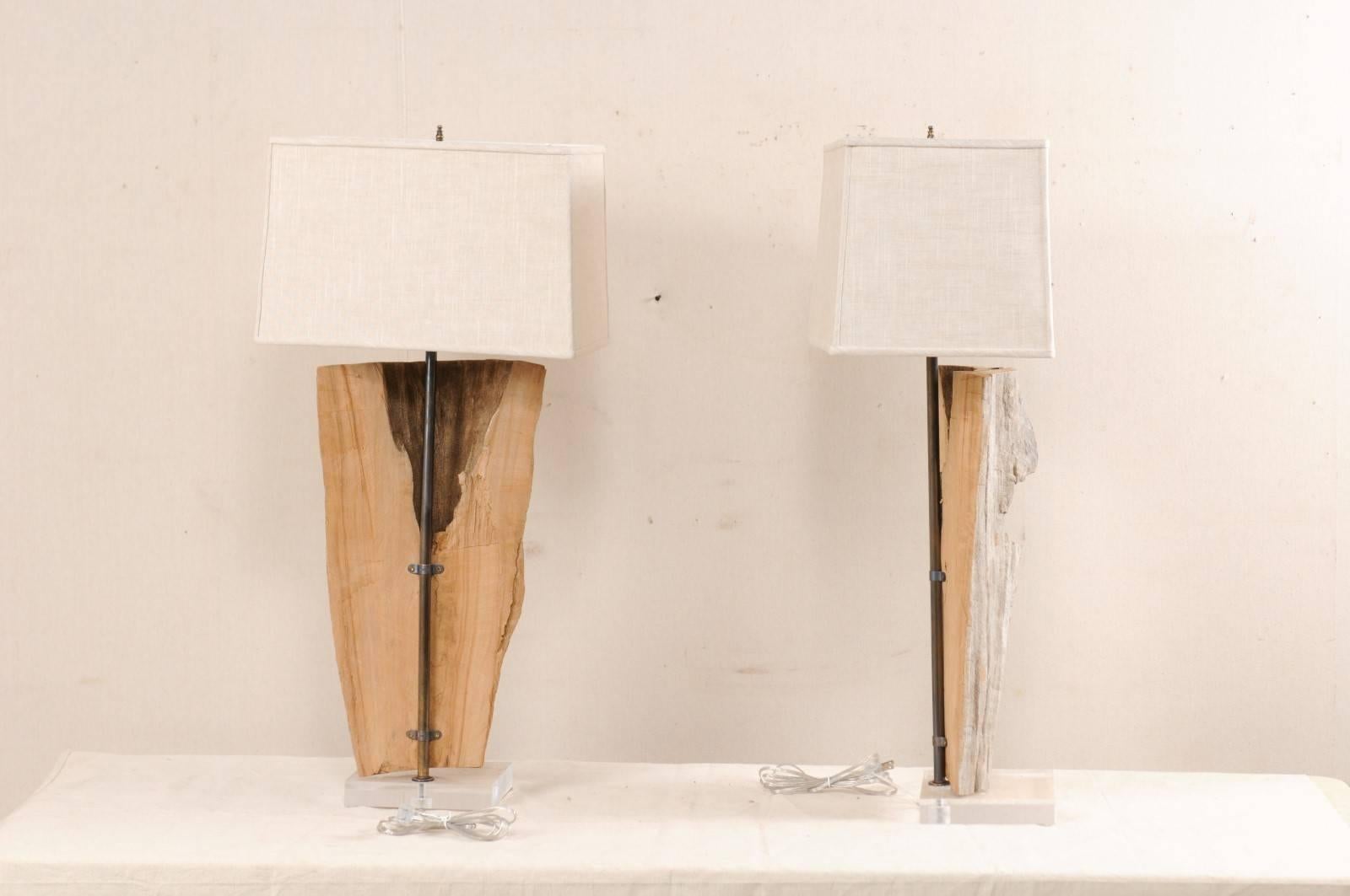 20th Century Pair of European Natural Driftwood Finished Table Lamps with Custom Shades