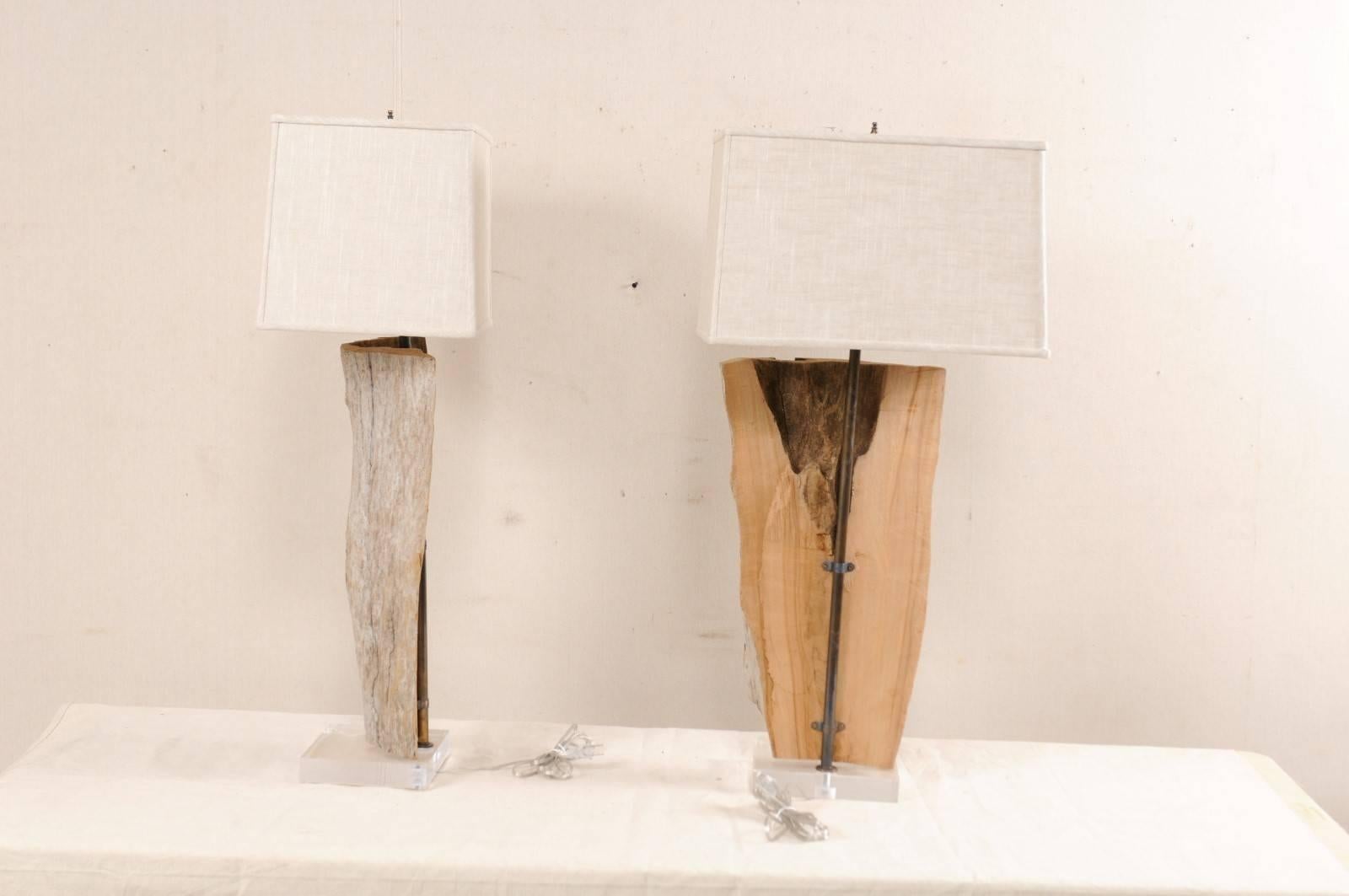 Metal Pair of European Natural Driftwood Finished Table Lamps with Custom Shades