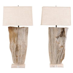 Pair of European Natural Driftwood Finished Table Lamps with Custom Shades