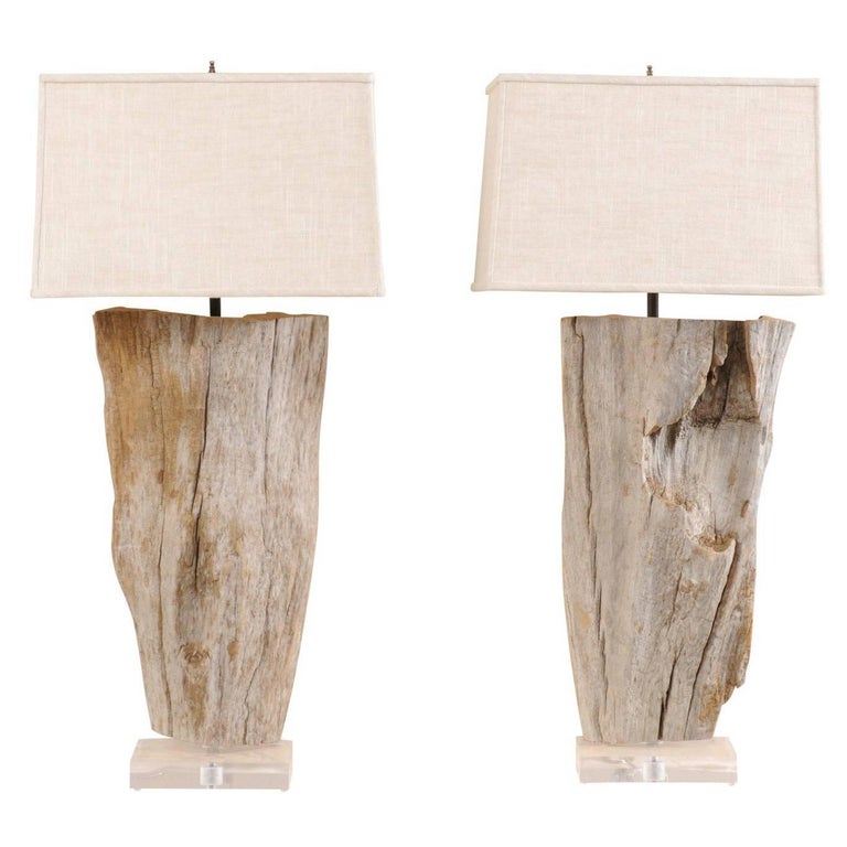 Pair of European Natural Driftwood Finished Table Lamps with Custom Shades at 1stDibs