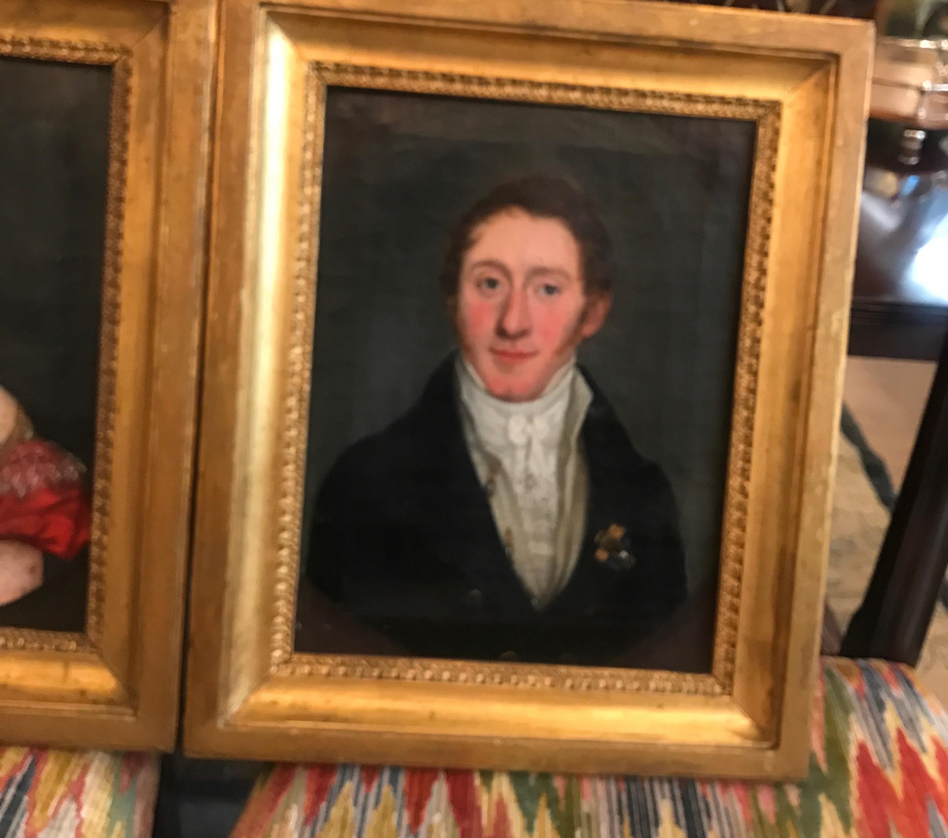 A beautiful pair of small portraits of an aristocratic couple, dated 1819. The paintings are labeled with the subjects names. Each with an original gilt wood frame, European, possibly Austrian. These are in very good original condition with the