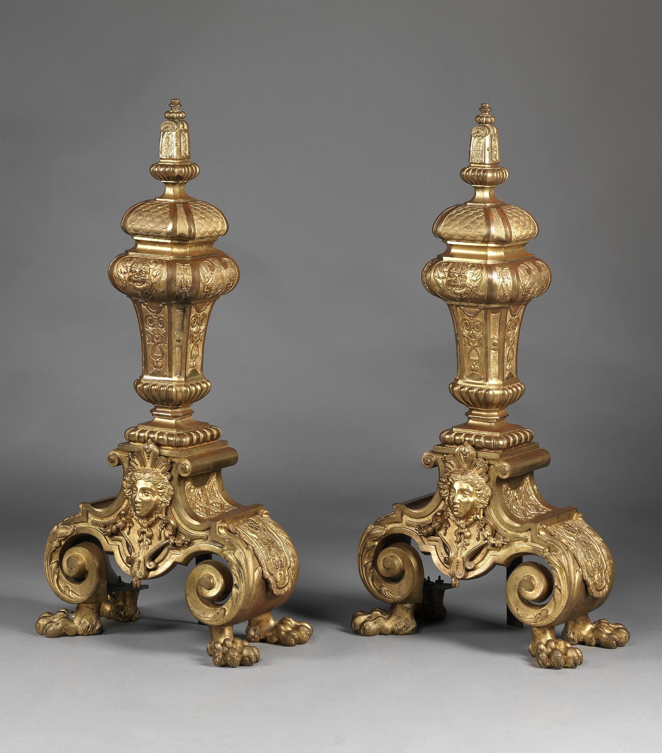 Régence Pair of Exceptionally Large Regence Style Gilt-Bronze Chenets, circa 1860 For Sale
