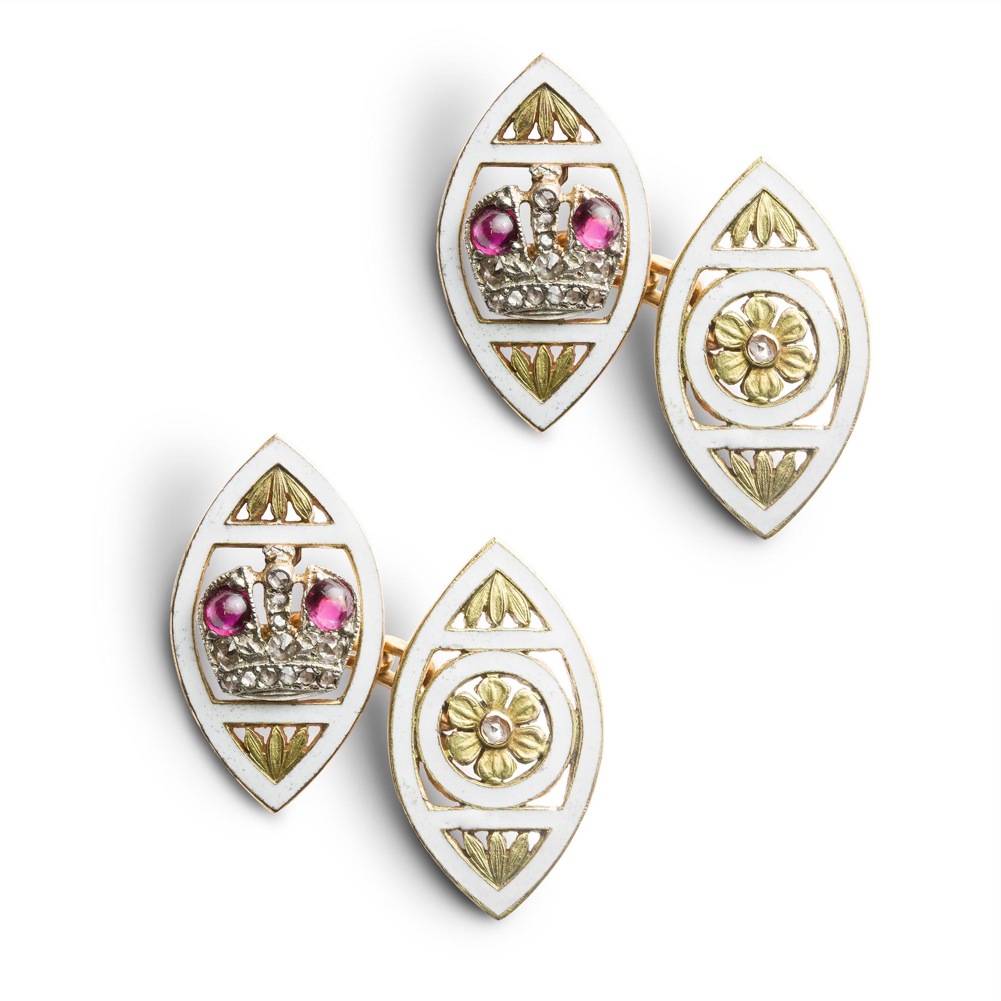 Art Nouveau Pair of Faberge Ruby, Rose Diamond and Enamel Cufflinks