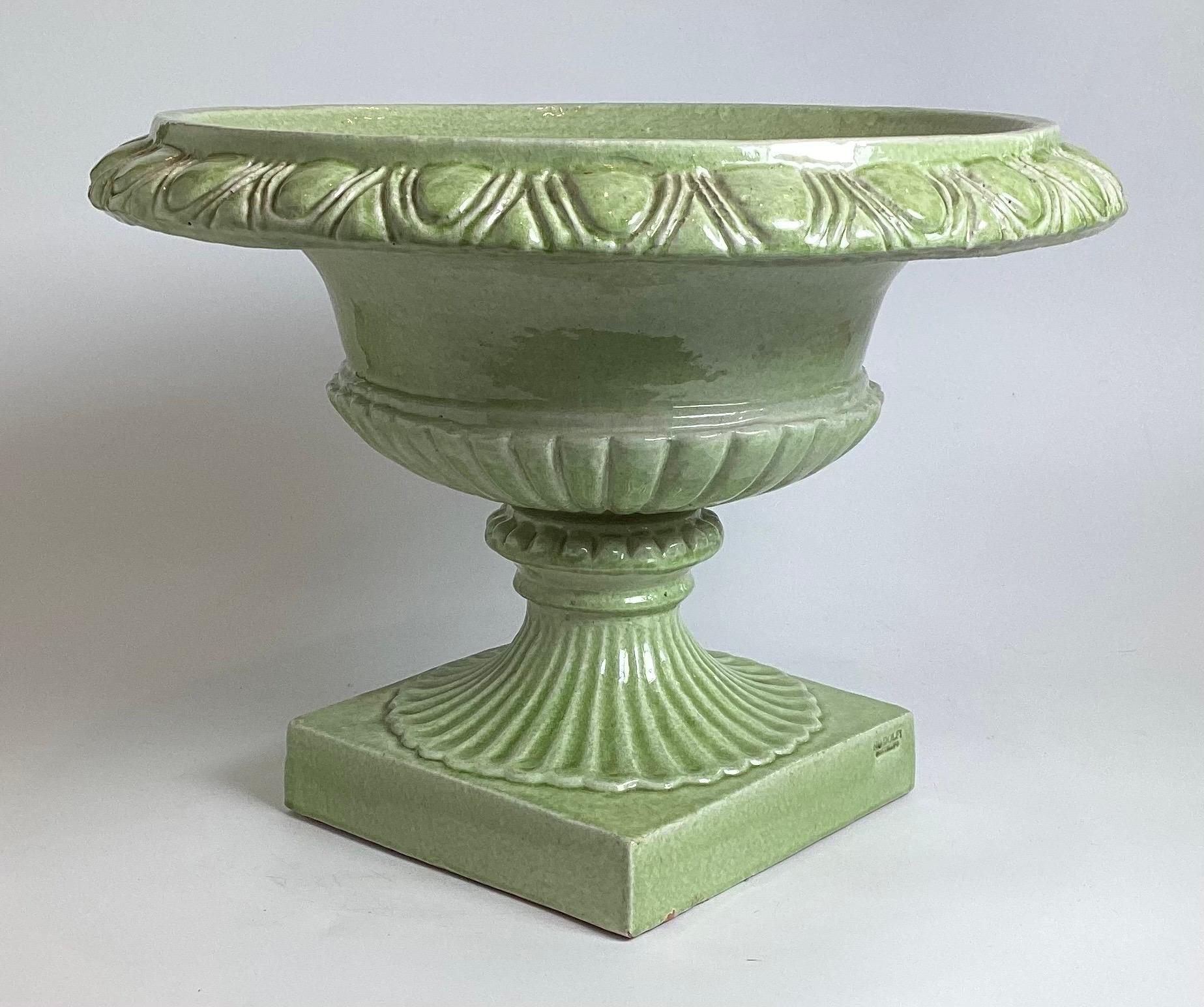 Late 20th Century A Pair of Faience Green Italian Urns, retailed by Bergdorf Goodman For Sale