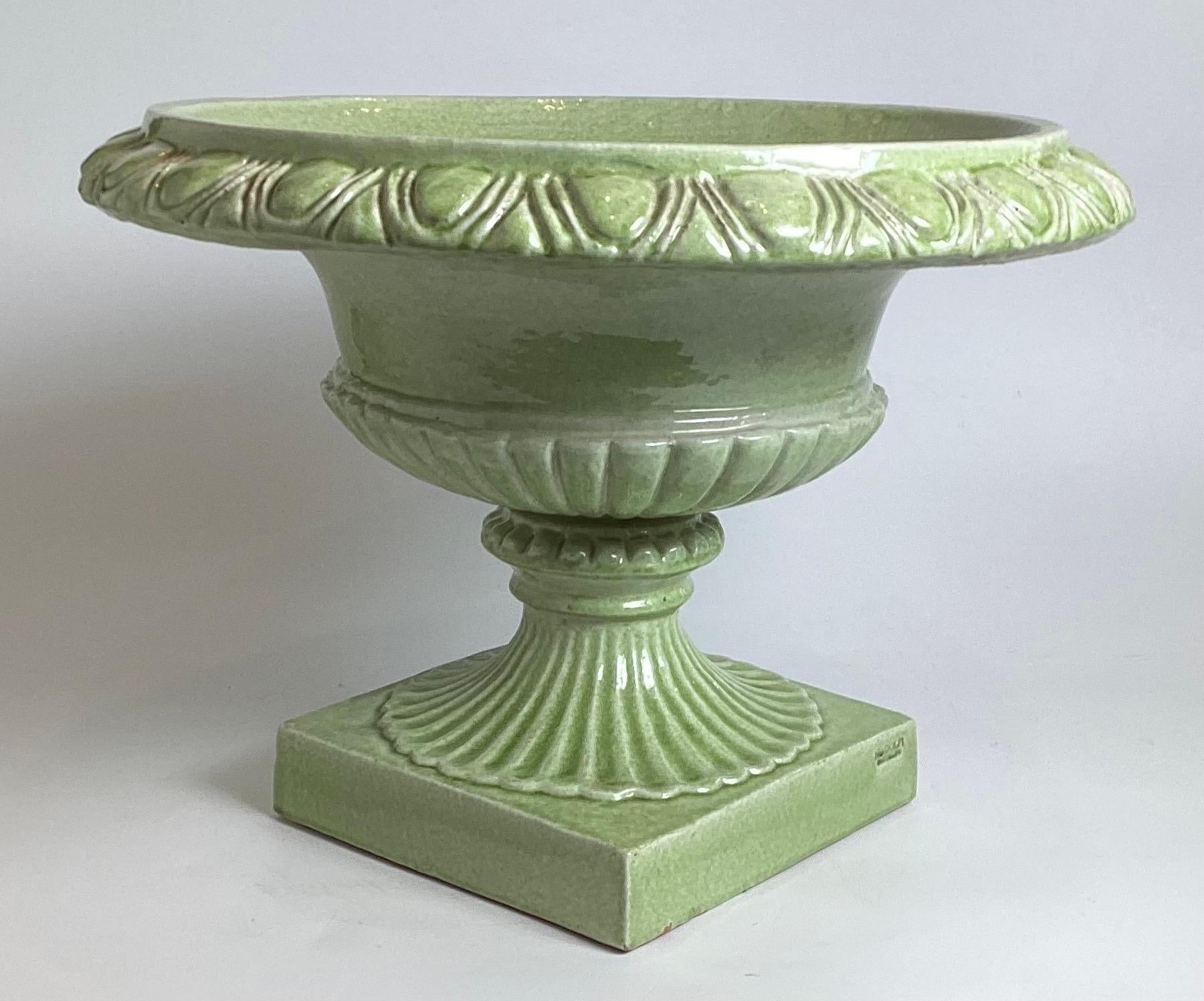 A Pair of Faience Green Italian Urns, retailed by Bergdorf Goodman For Sale 1