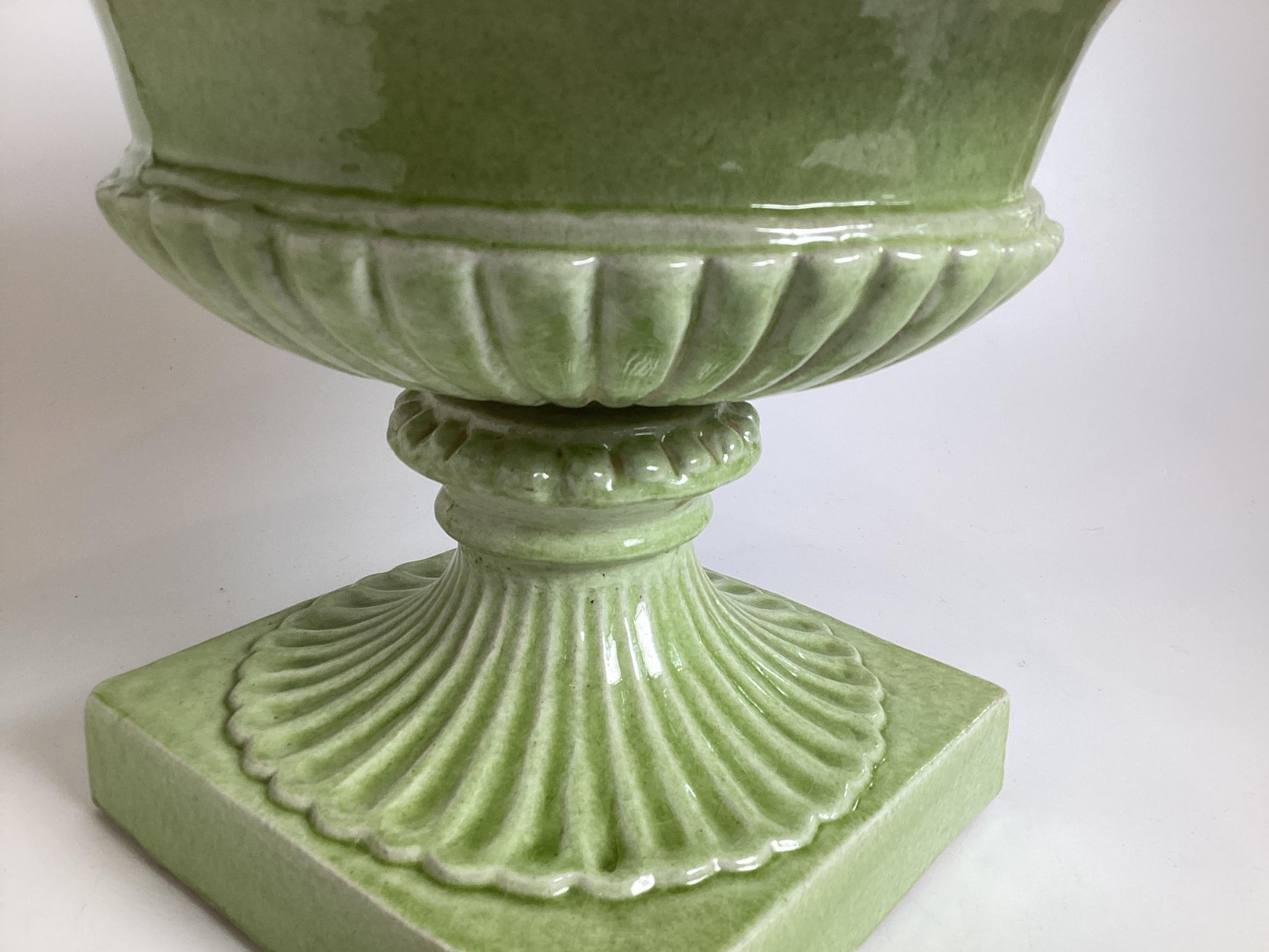 A Pair of Faience Green Italian Urns, retailed by Bergdorf Goodman For Sale 2