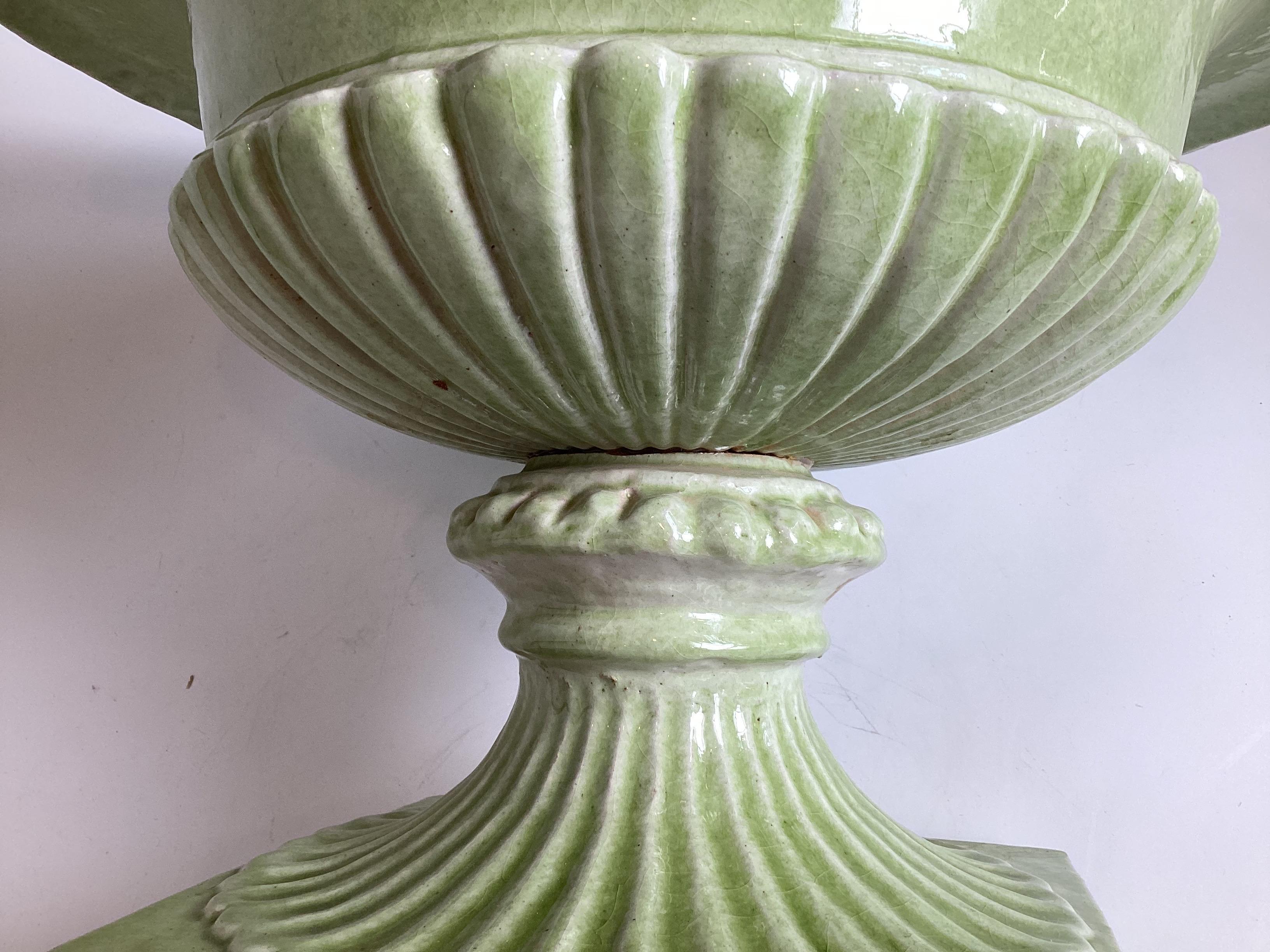 A Pair of Faience Green Italian Urns, retailed by Bergdorf Goodman For Sale 4