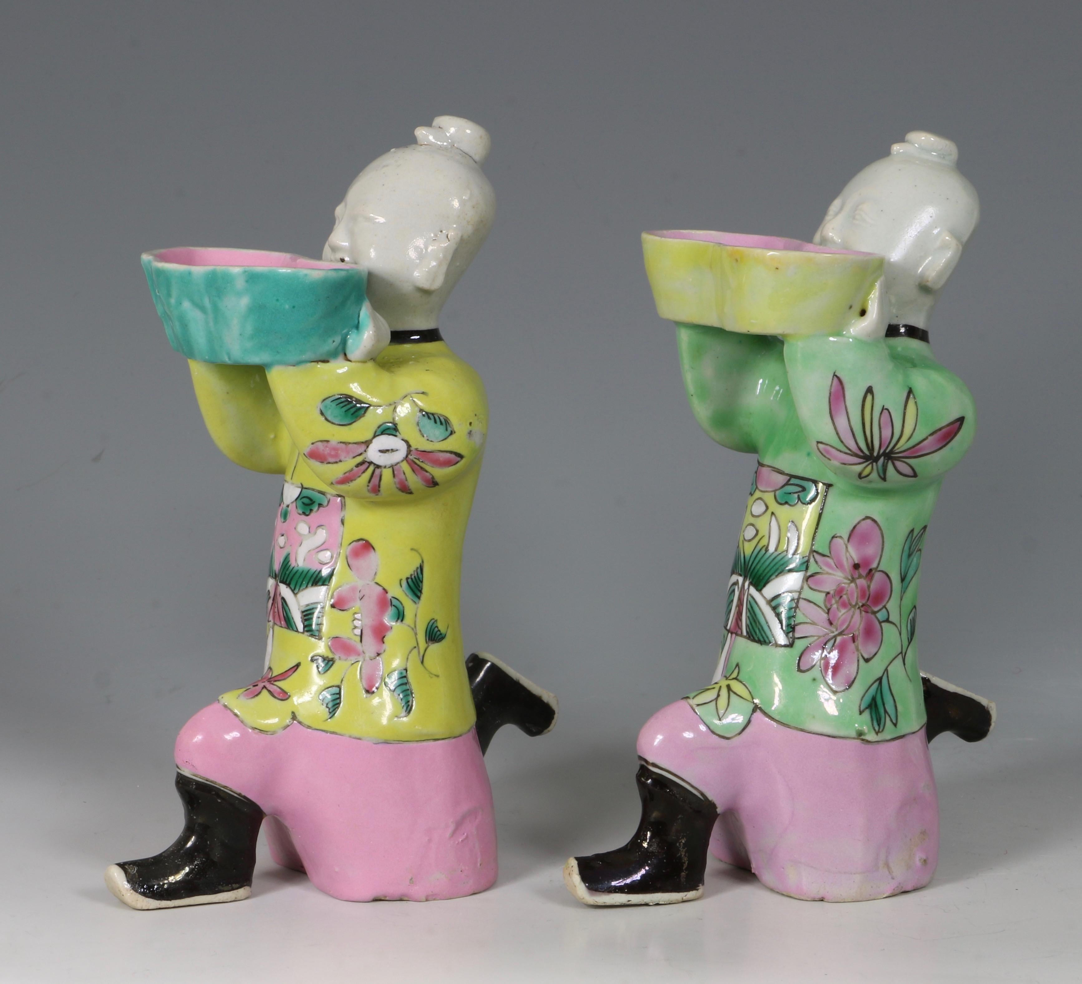 Enameled Pair of Chinese Porcelain Famille Rose Kneeling Boys, 18th-19th Century For Sale
