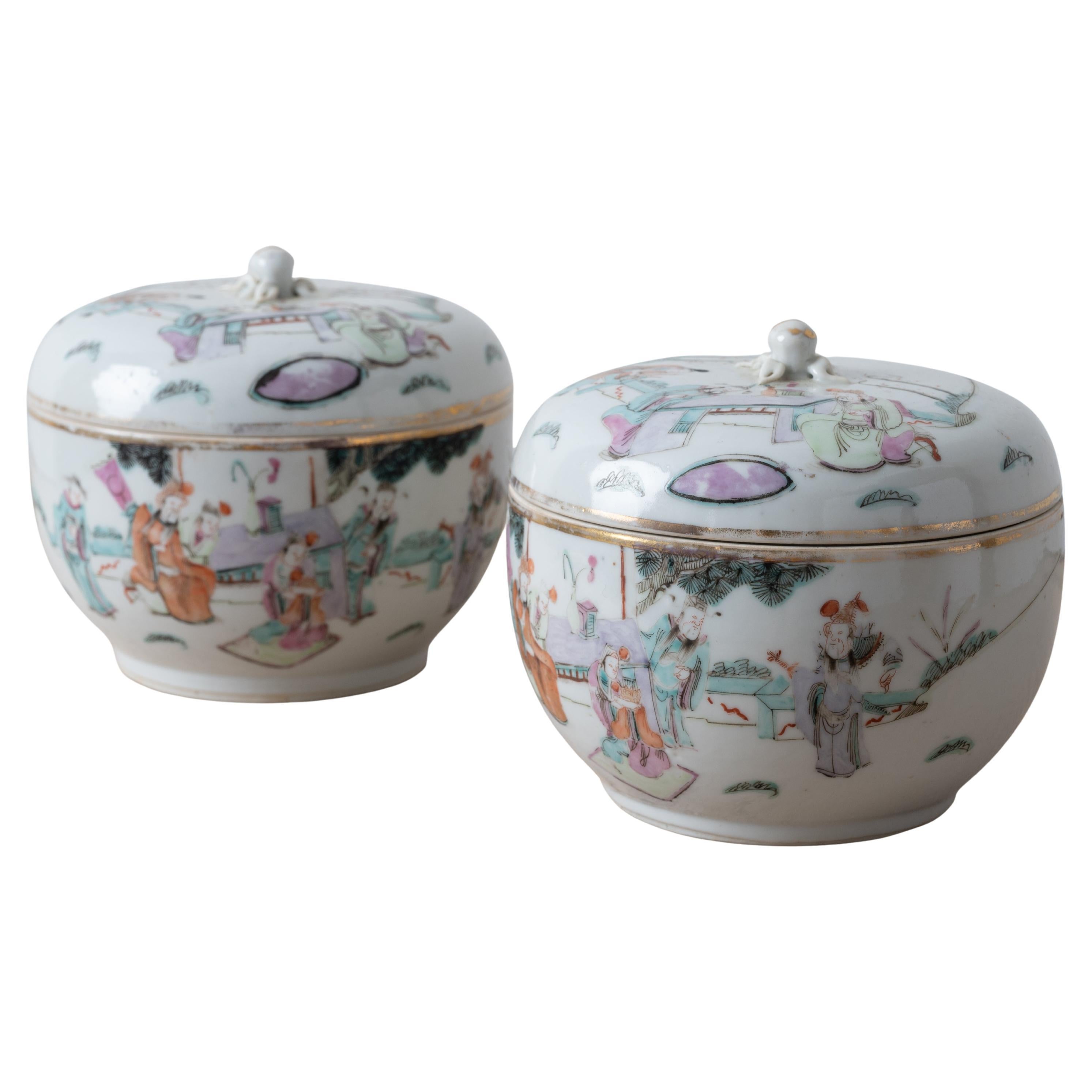 A Pair of Famille Rose Lidded Jars, 19th Century