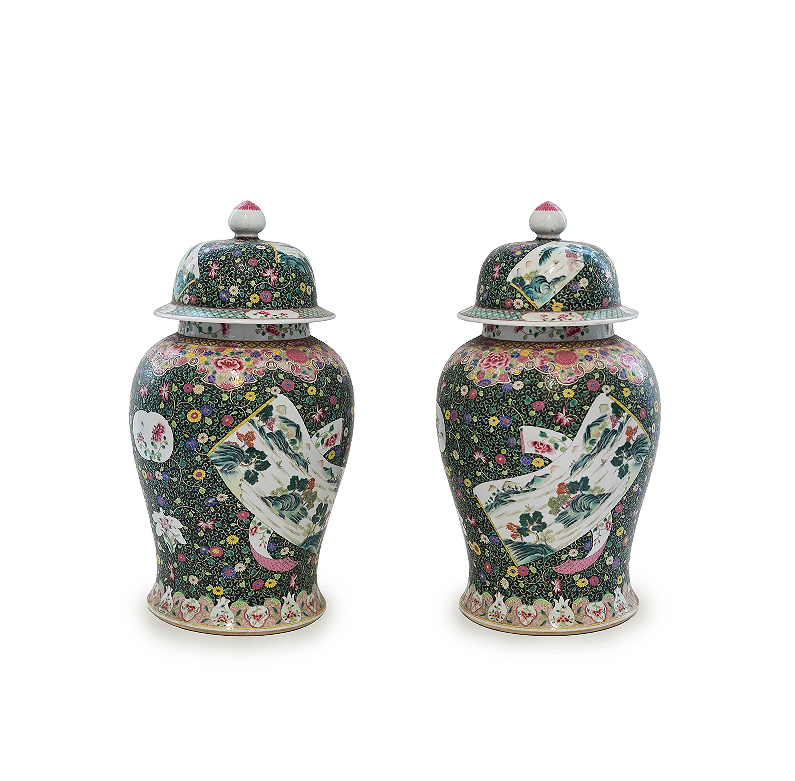 Fine painted porcelain vases with flowers bloom decoration.
 