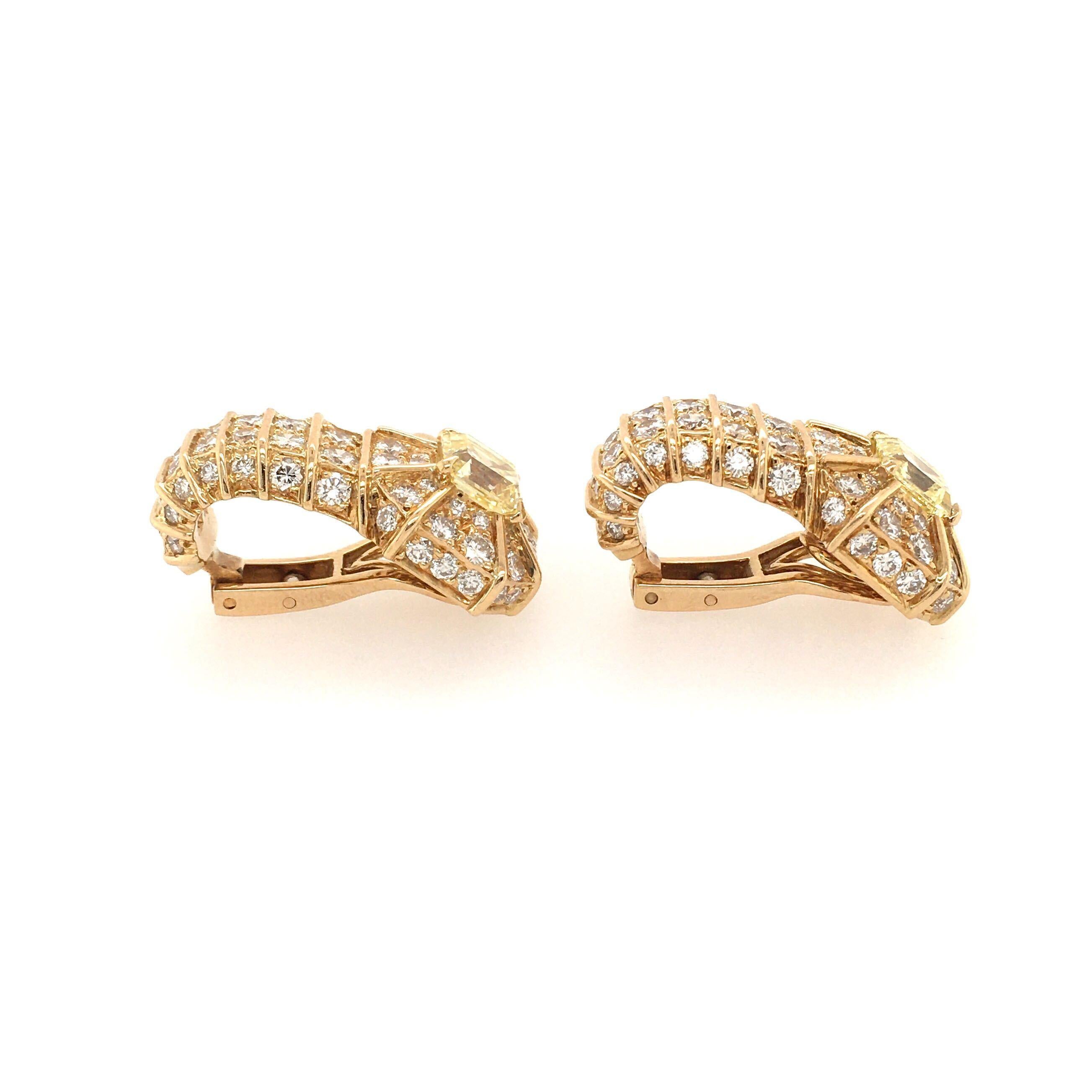 Emerald Cut Fancy Yellow Diamond and Diamond Earrings