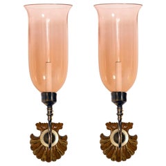 A Pair of Fanfare Sconces with Flared Pink Hurricane Shades by David Duncan