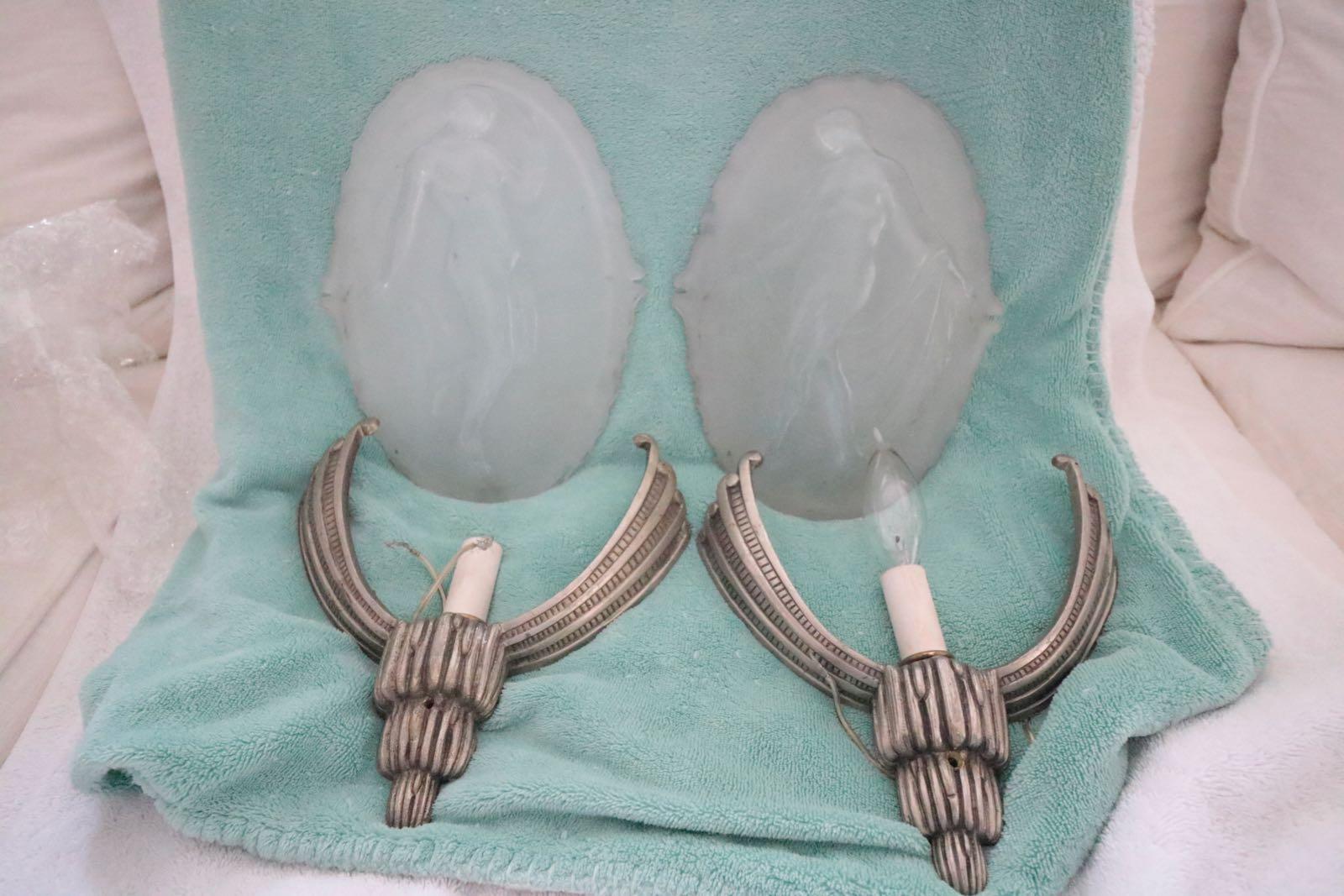Early 20th Century Pair of Fantastic Art Deco Muller Freres Luneville Sconces, Opposing Muses