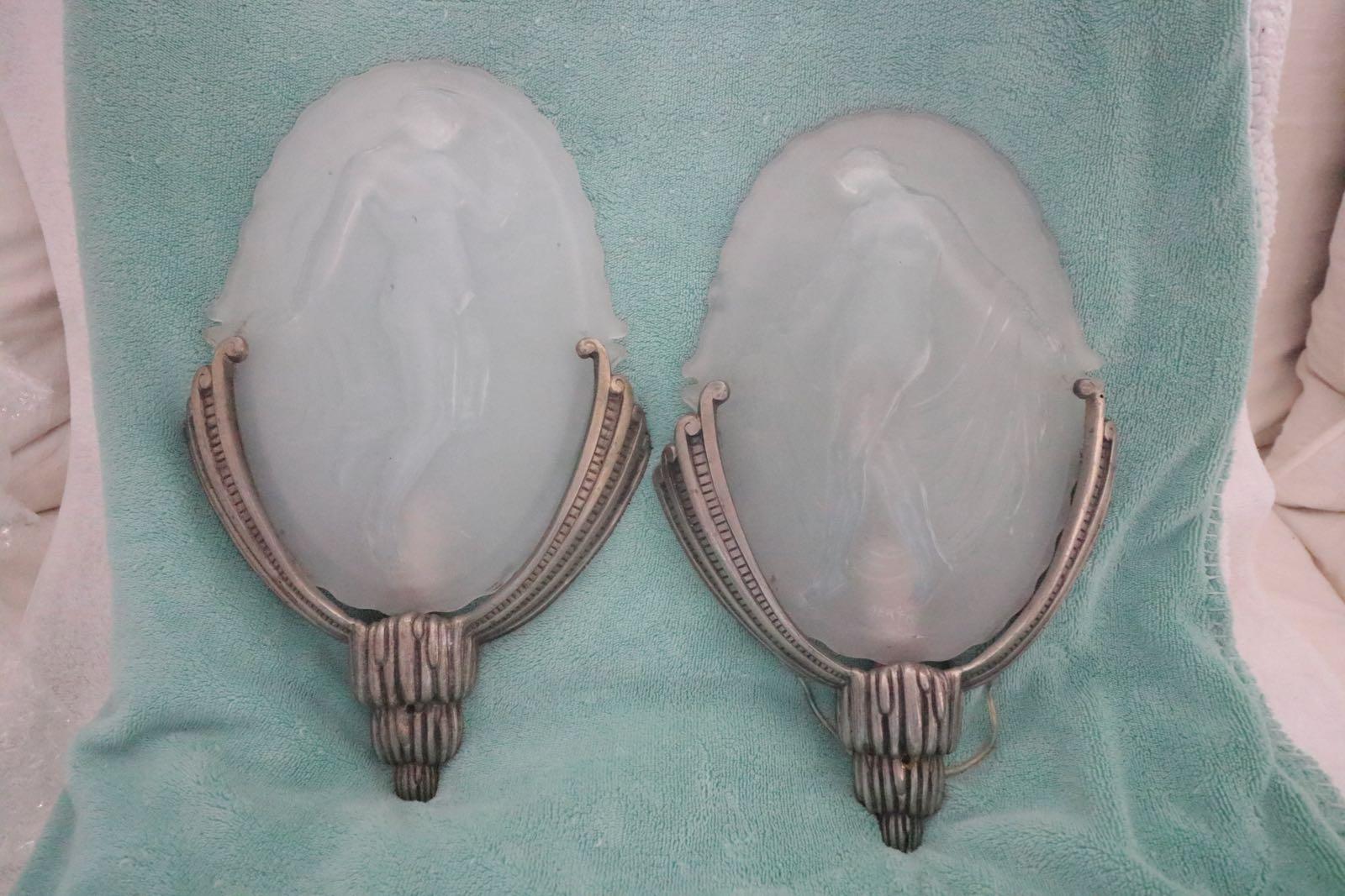 Brass Pair of Fantastic Art Deco Muller Freres Luneville Sconces, Opposing Muses