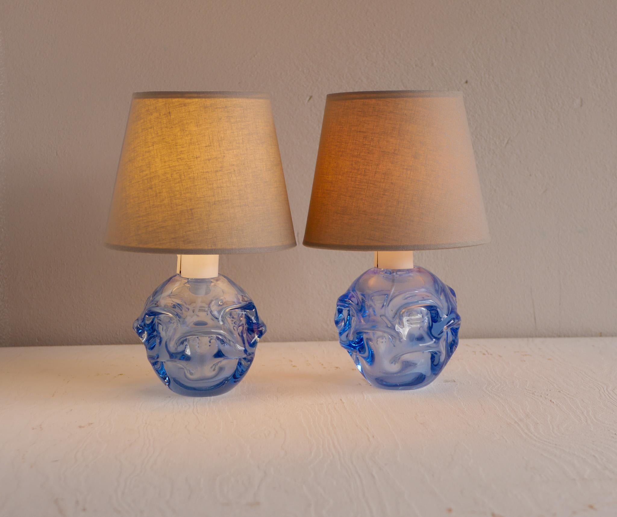 Mid-20th Century A pair of Fantastic Blue Glass Lamps by Börne Augustsson for Åseda, Sweden For Sale