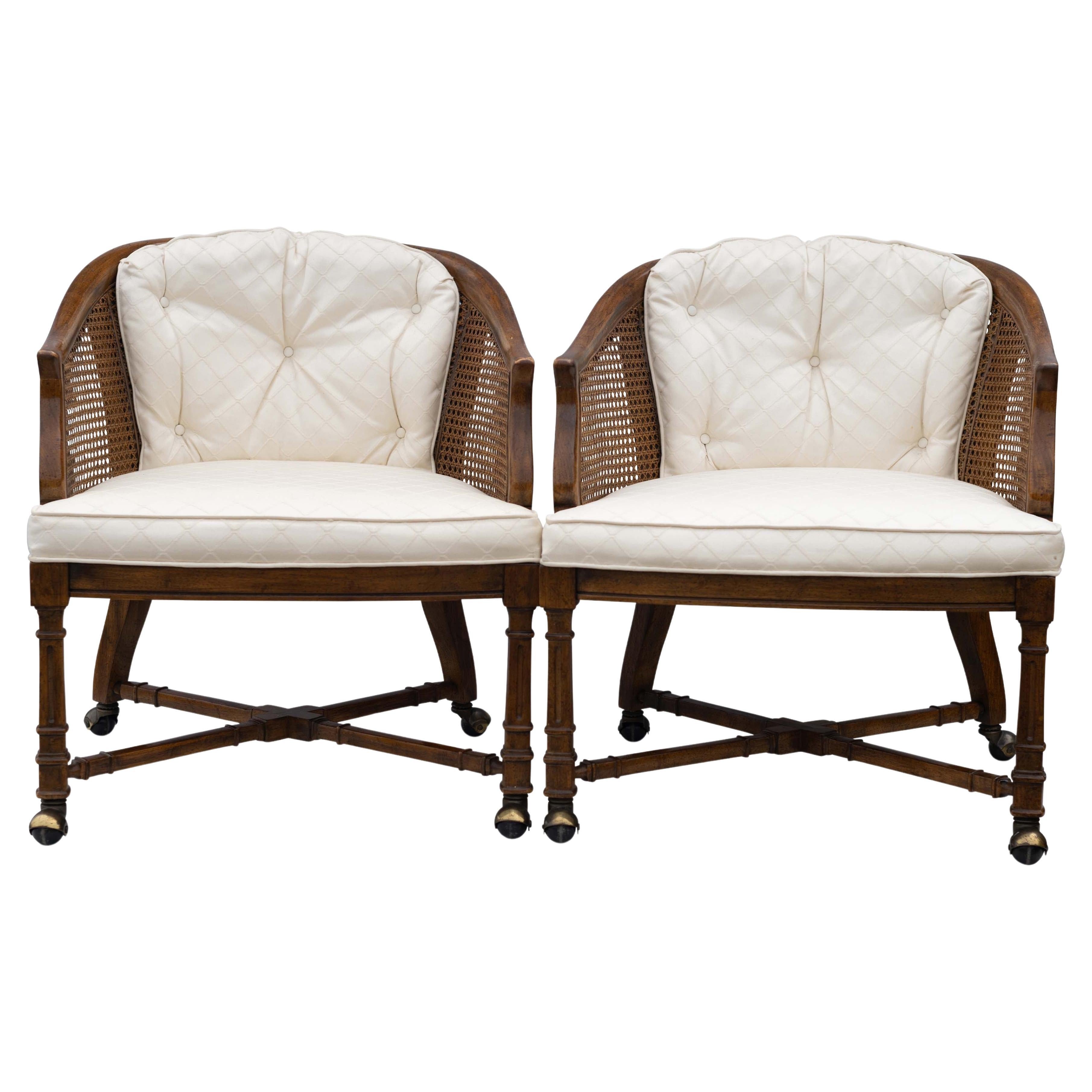 American Colonial Pair of Faux Bamboo Cane Bergere Armchairs by American of Martinsville For Sale