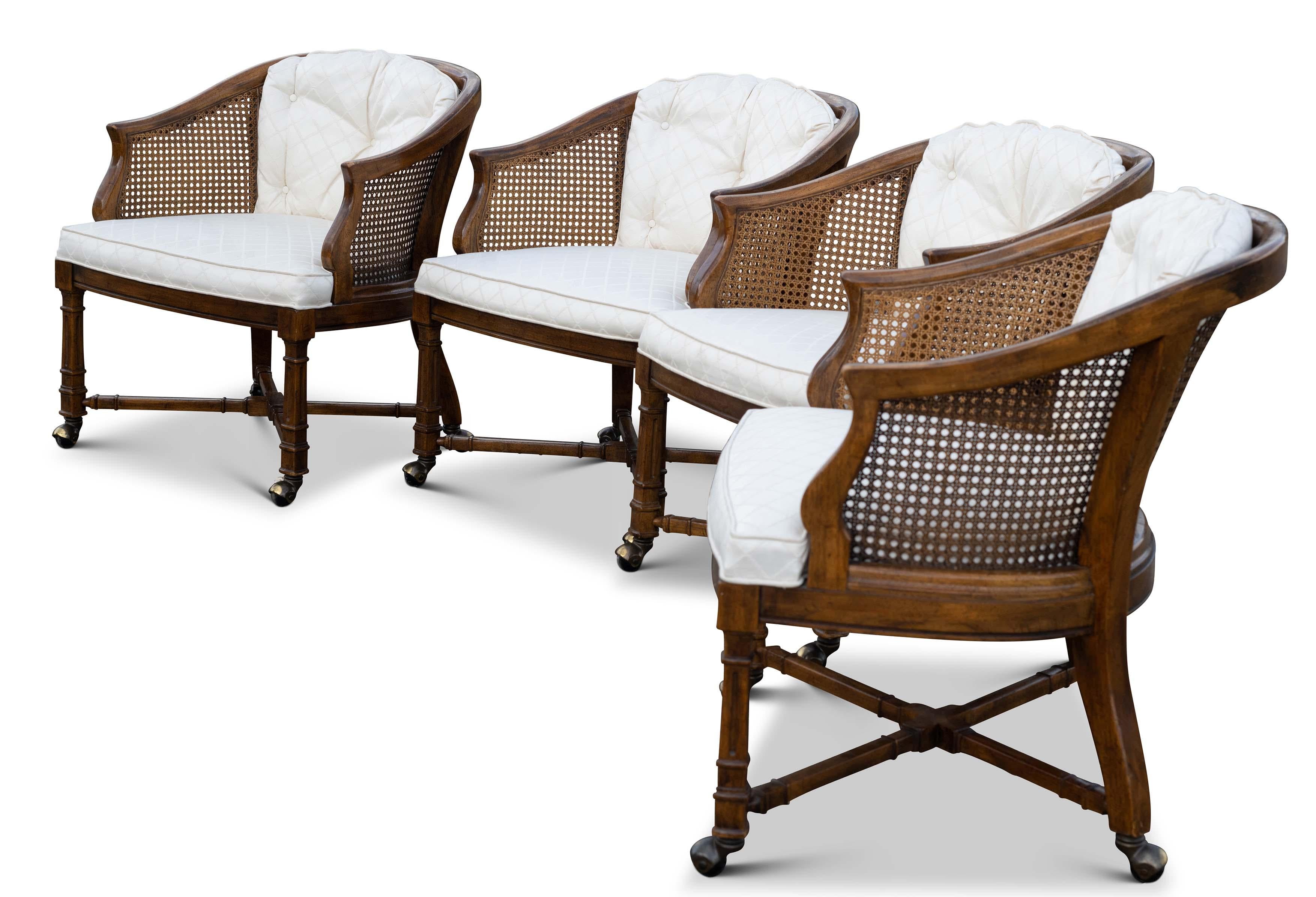 Upholstery Pair of Faux Bamboo Cane Bergere Armchairs by American of Martinsville For Sale