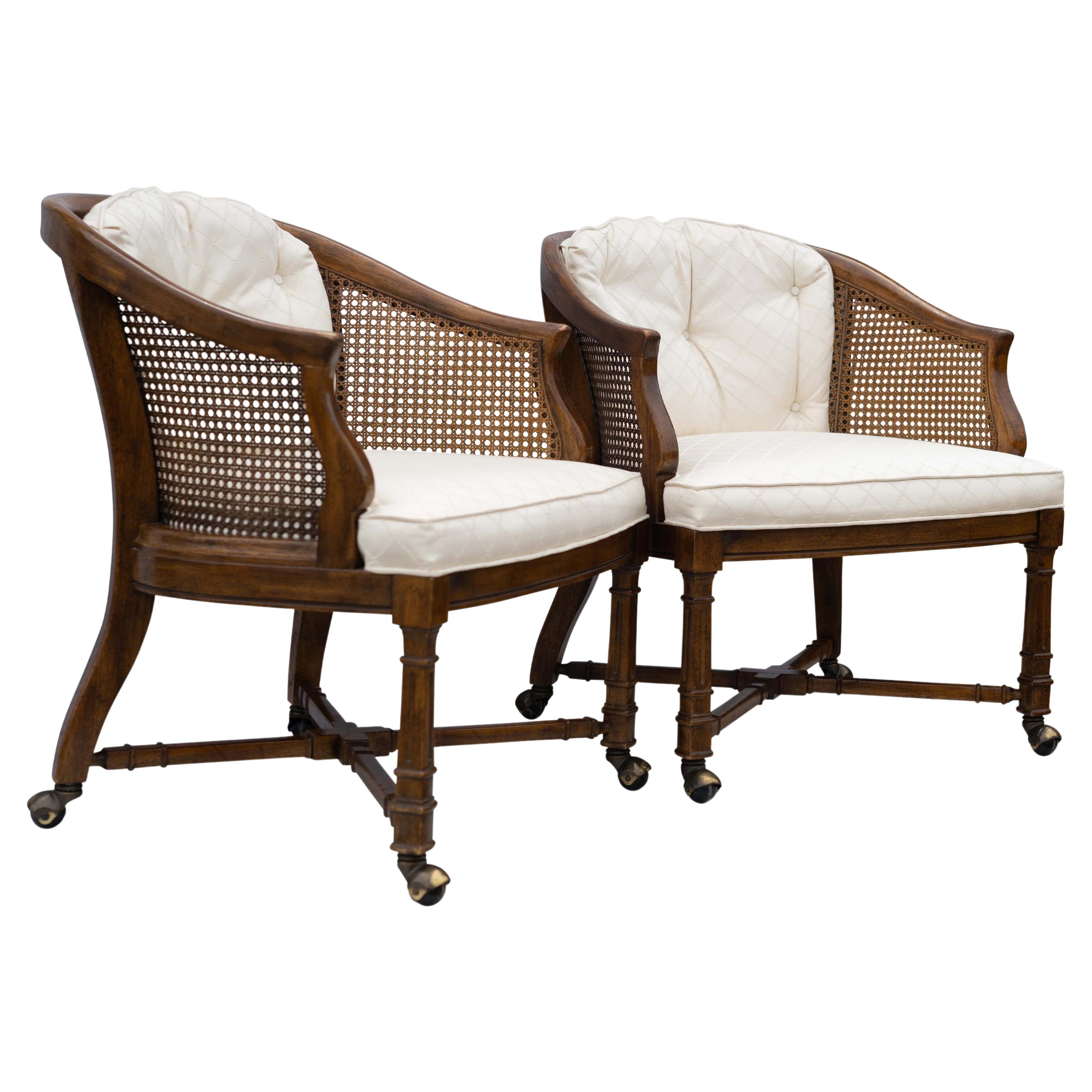 A Pair of Upholstered Bergere Armchairs on Castors American of Martinsville
Produced in the Mid-1970s
Founded in 1906, American of Martinsville was founded by Virginia tobacco producers and produces bedroom furniture. In the early 1920s the