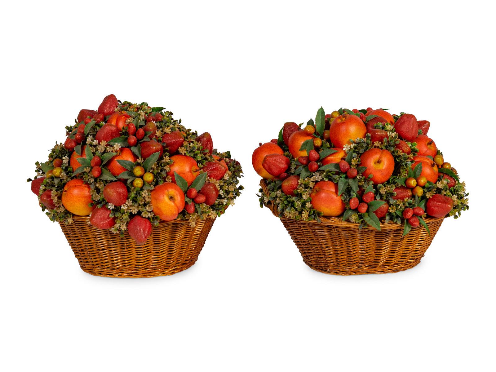 A pair of Faux fruit arrangements in baskets. 20th century.
Dimensions: Height of each basket 14