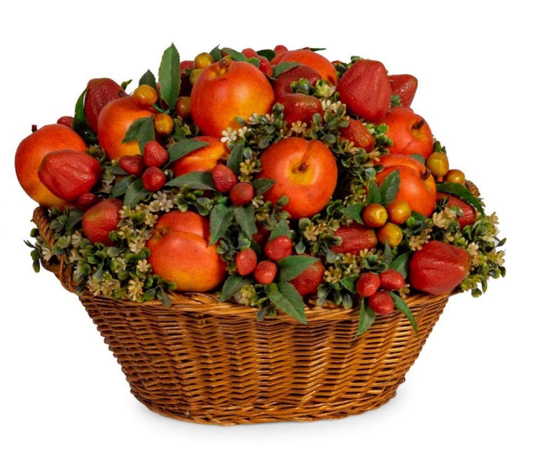 American Pair of Faux Fruit Arrangements in Baskets For Sale