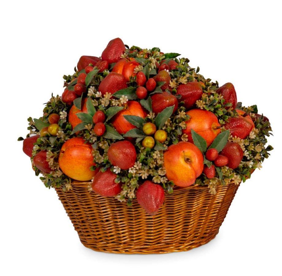 Pair of Faux Fruit Arrangements in Baskets In Good Condition For Sale In Atlanta, GA