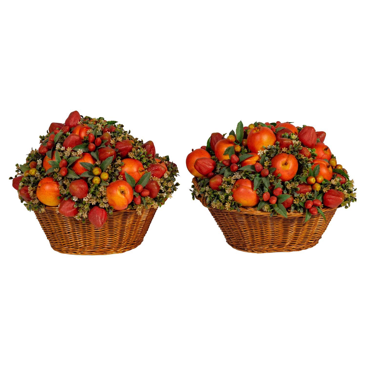 Pair of Faux Fruit Arrangements in Baskets For Sale at 1stDibs