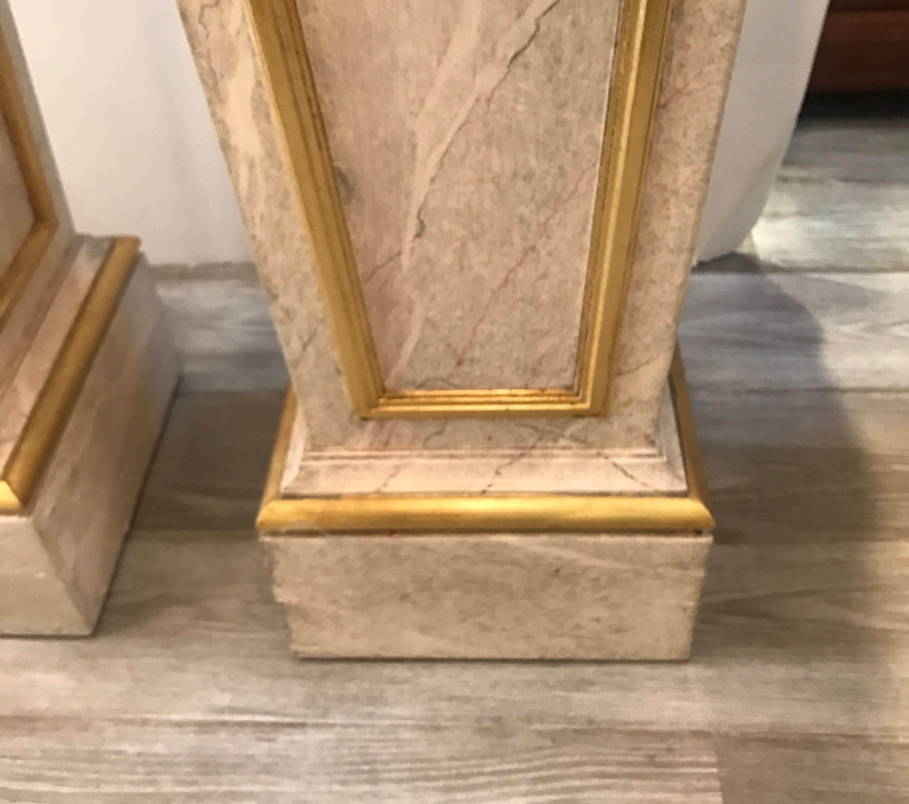 Hardwood Pair of Faux Marble and Giltwood Pedestals