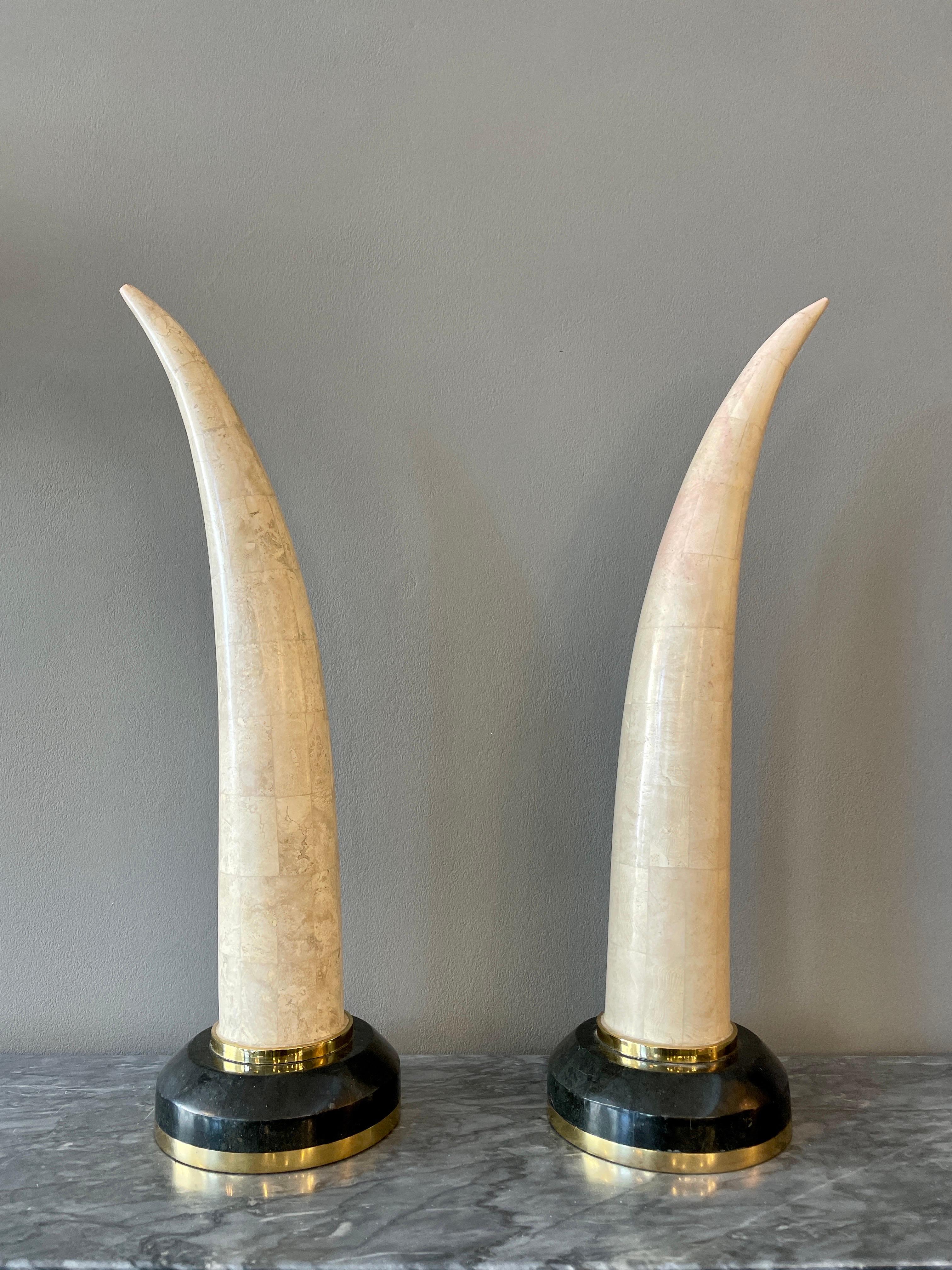 Brass Pair of Tessellated Marble Faux Tusks For Sale