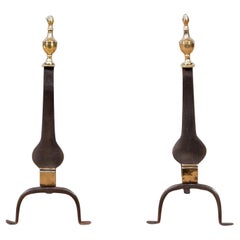 A Pair of Federal Knife Blade Andirons with Brass Details