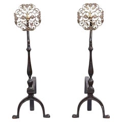 A Pair of Filigree Brass Rosette Andirons