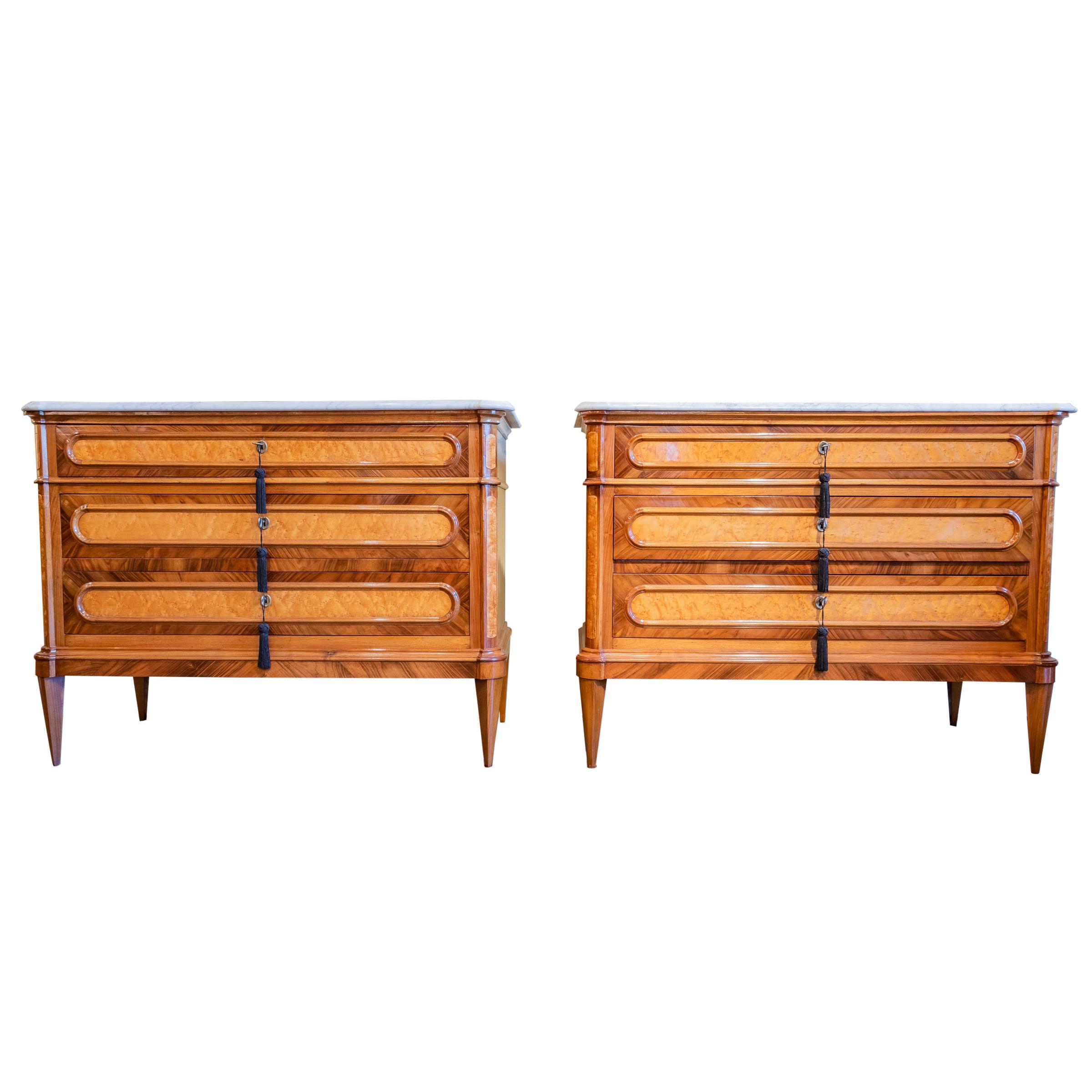 Pair of Fine Italian Louis XVI Olivewood and Walnut Marble-Top Chests