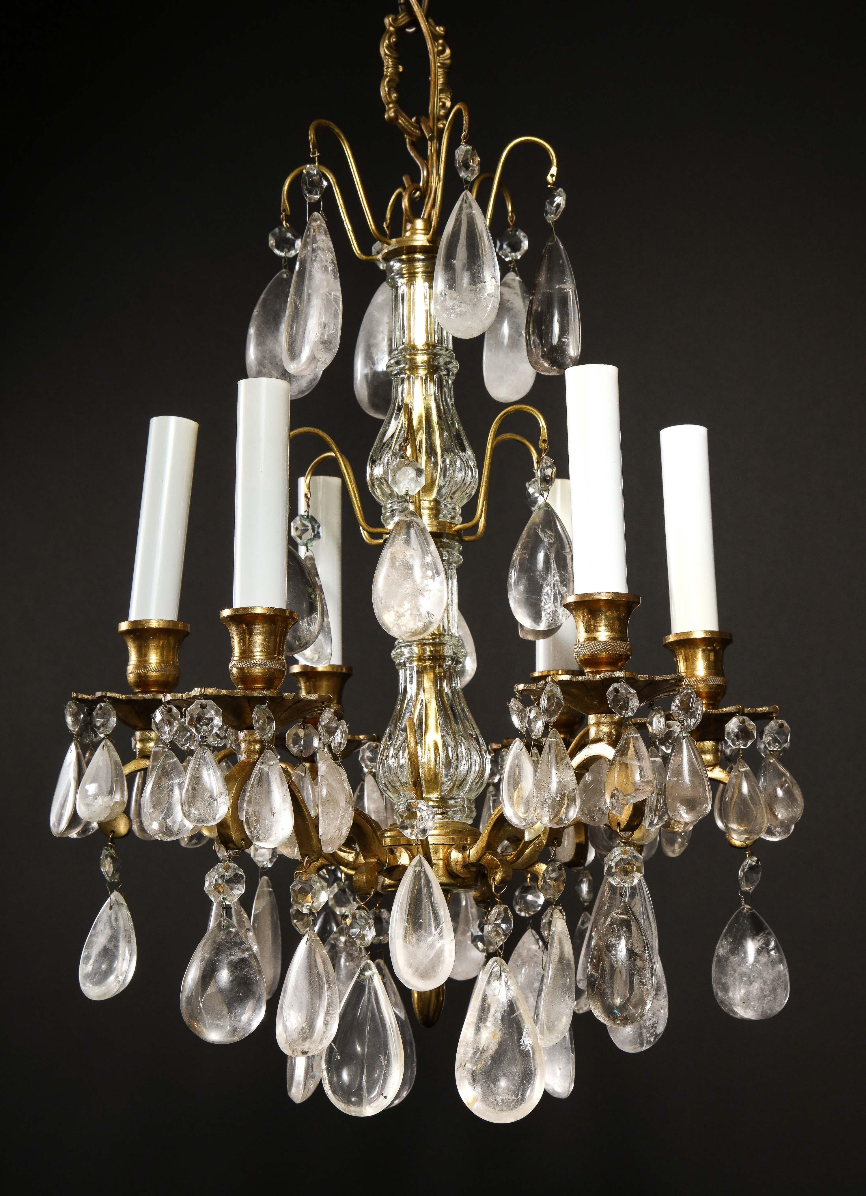 Bronze Pair of Fine Continental Louis XVI Style Rock Crystal Chandeliers