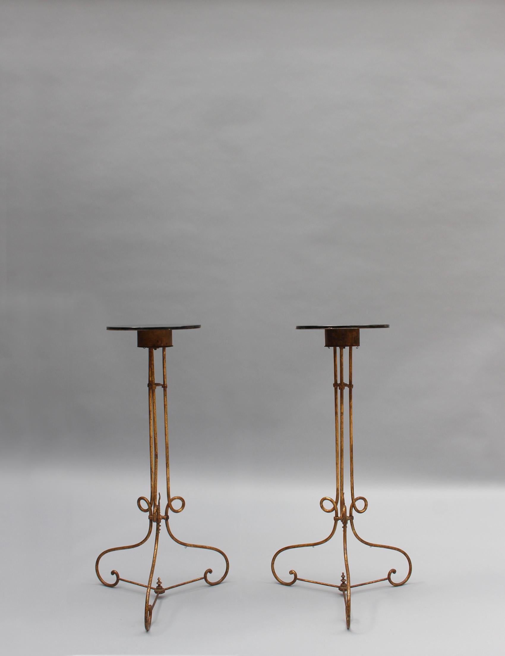 Pair of Fine French 1940s Wrought Iron and Black Opaline Pedestal Stands For Sale 8