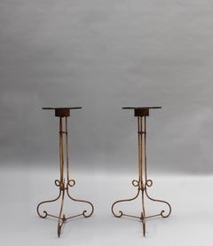 Pair of Fine French 1940s Wrought Iron and Black Opaline Pedestal Stands