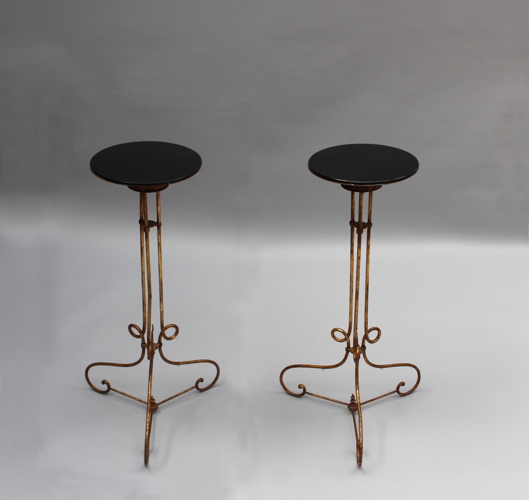 Mid-20th Century Pair of Fine French 1940s Wrought Iron and Black Opaline Pedestal Stands For Sale