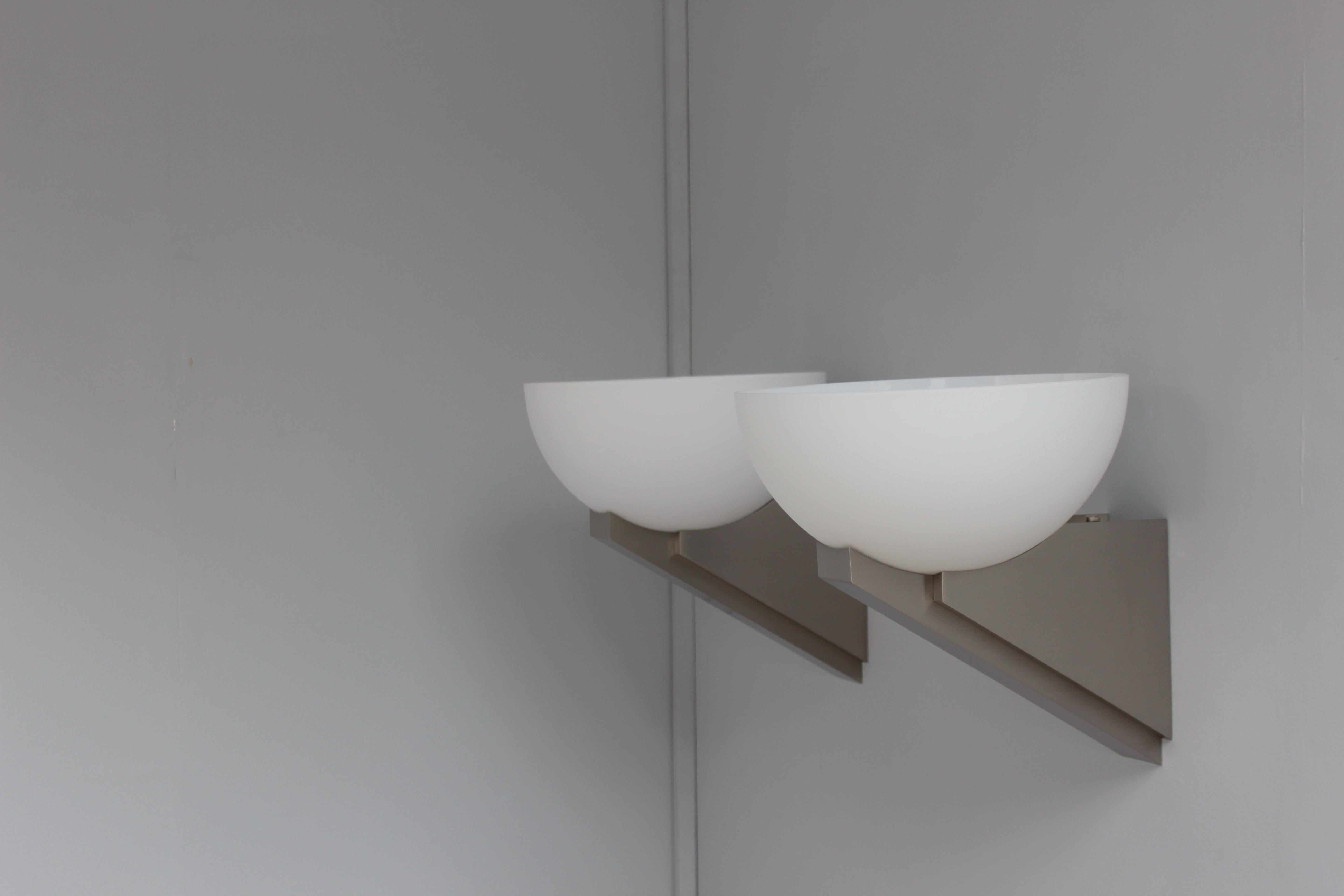 A pair of Fine French Art Deco Brushed Nickel and Glass Sconces by Jean Perzel For Sale 5
