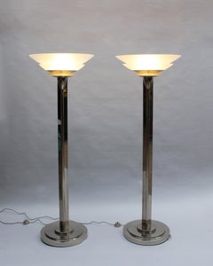 A Pair of Fine French Art Deco Nickel and Glass Floor Lamps by Perzel