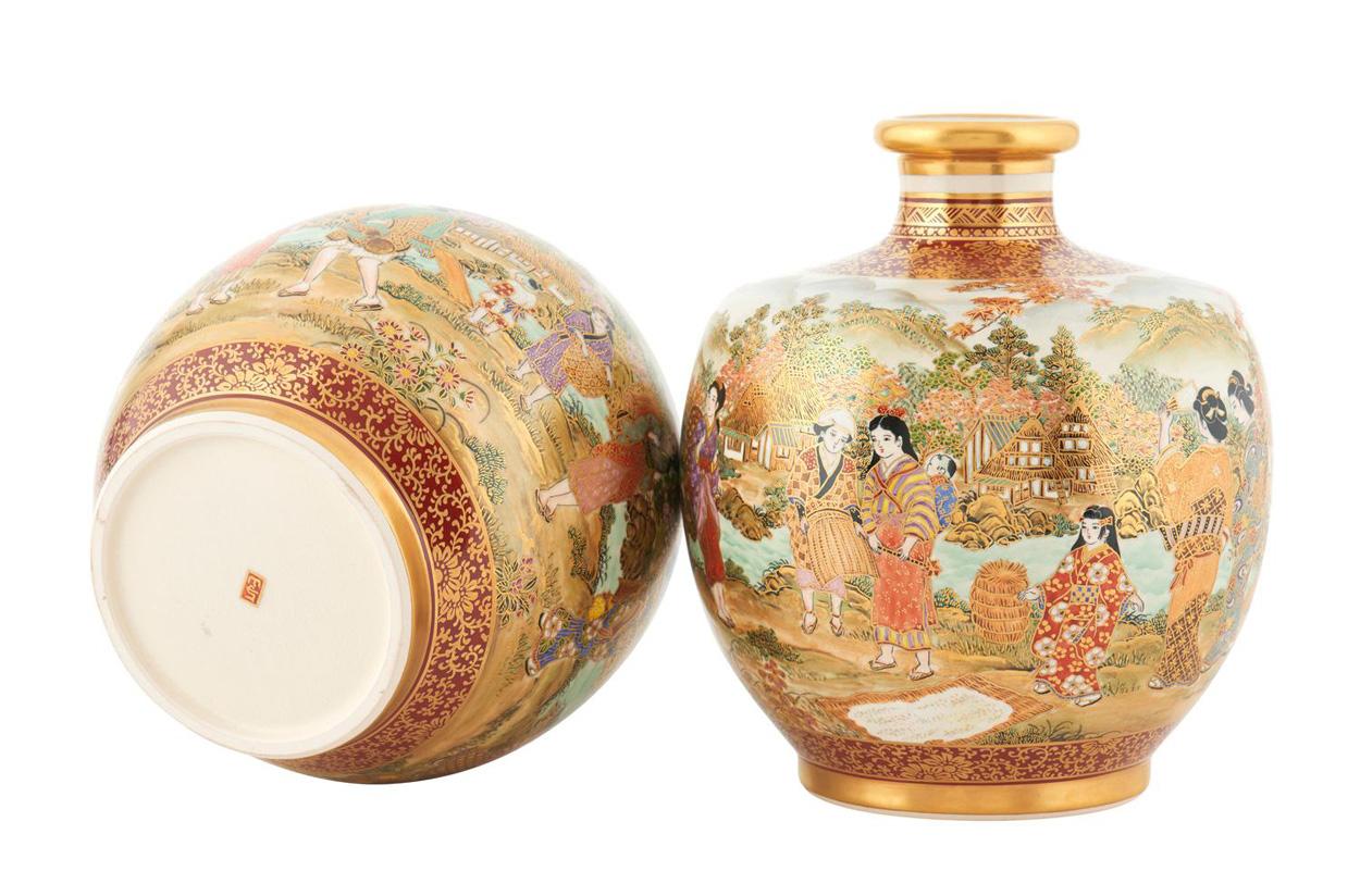 A beautiful decorative pair of Satsuma vases from the Ogawa Yozan Studio.

Of compressed ovoid form with a short waisted neck, finely decorated all over with scenes of women (Bijin - beautiful people) engaged in various activities in a landscape