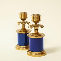 Pair of Fine Neoclassical-Style Gilt Bronze and Blue-Enameled Candlesticks