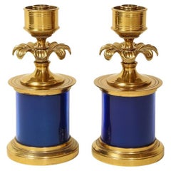 Pair of Fine Neoclassical-Style Gilt Bronze and Blue-Enameled Candlesticks