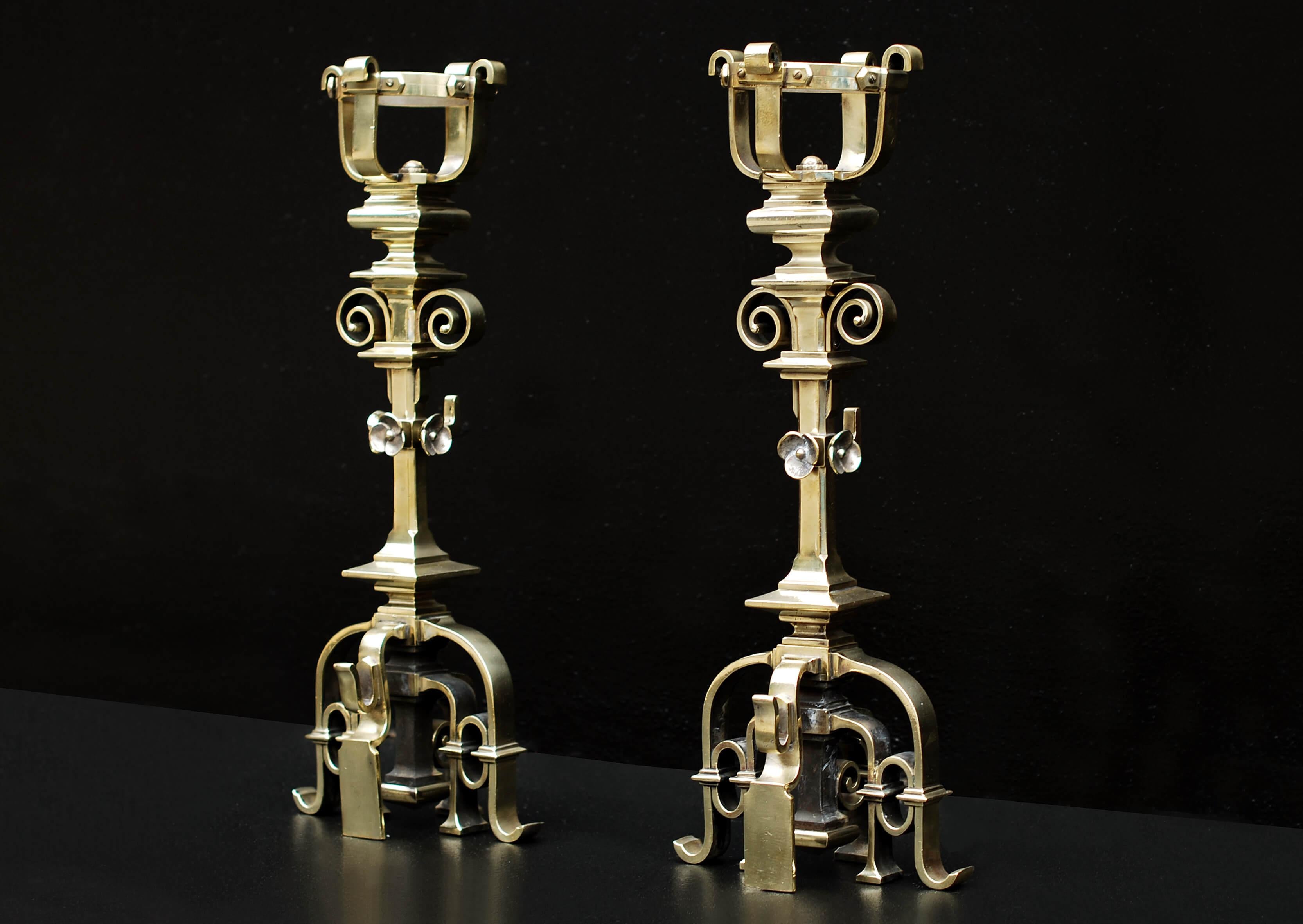 19th Century Pair of Fine Quality French Gothic Revival Brass Chenets For Sale