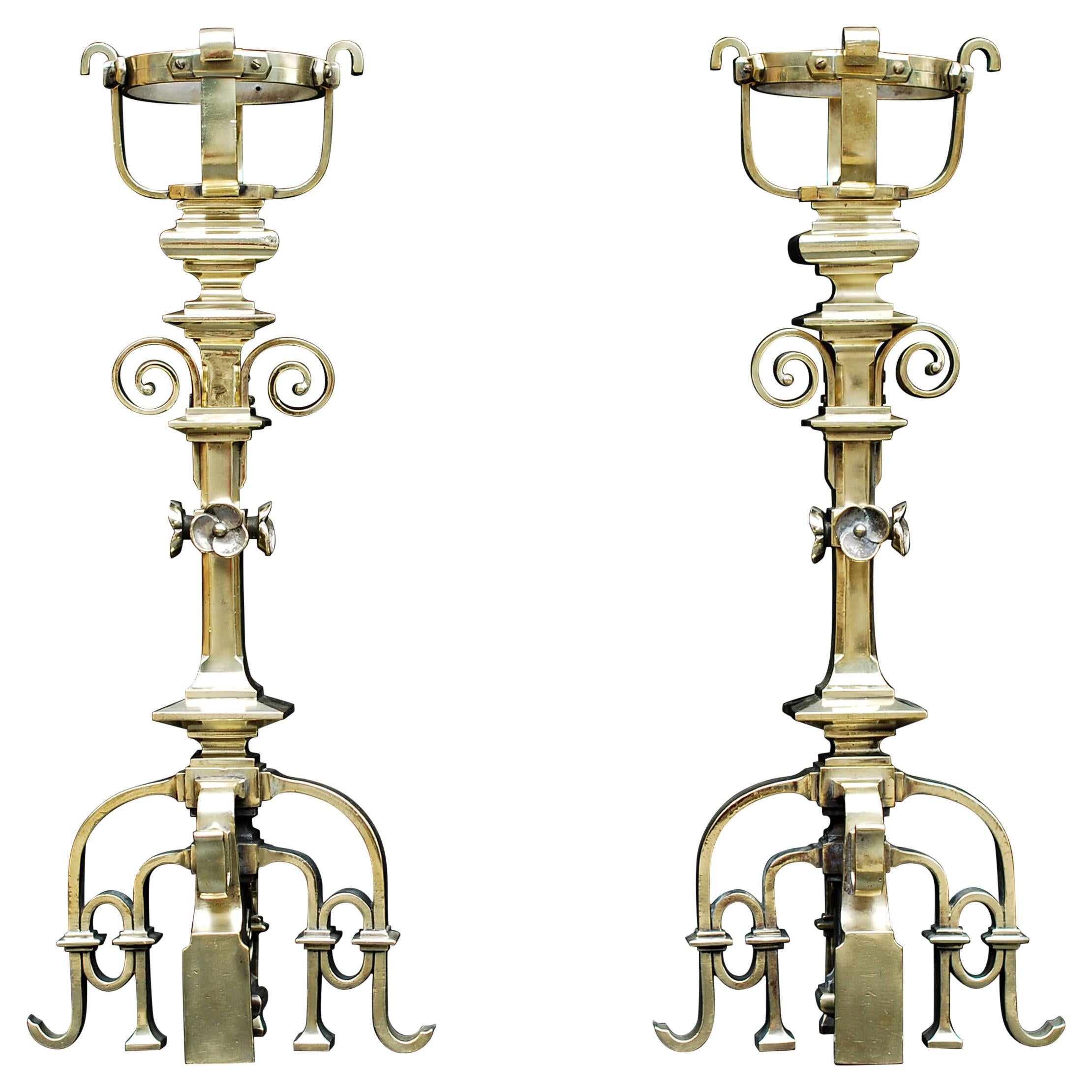 Pair of Fine Quality French Gothic Revival Brass Chenets For Sale