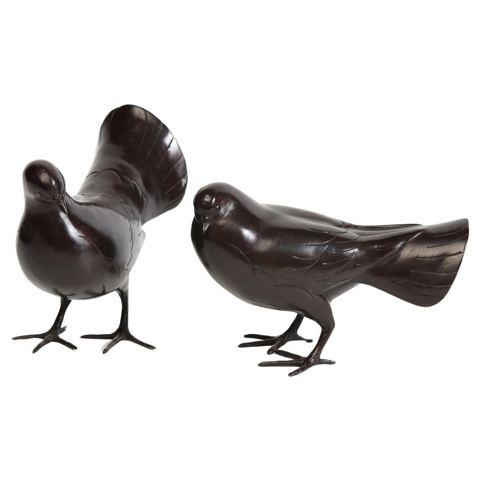 A Pair of Finely Cast Asian Bronze Bird Animal Statues For Sale