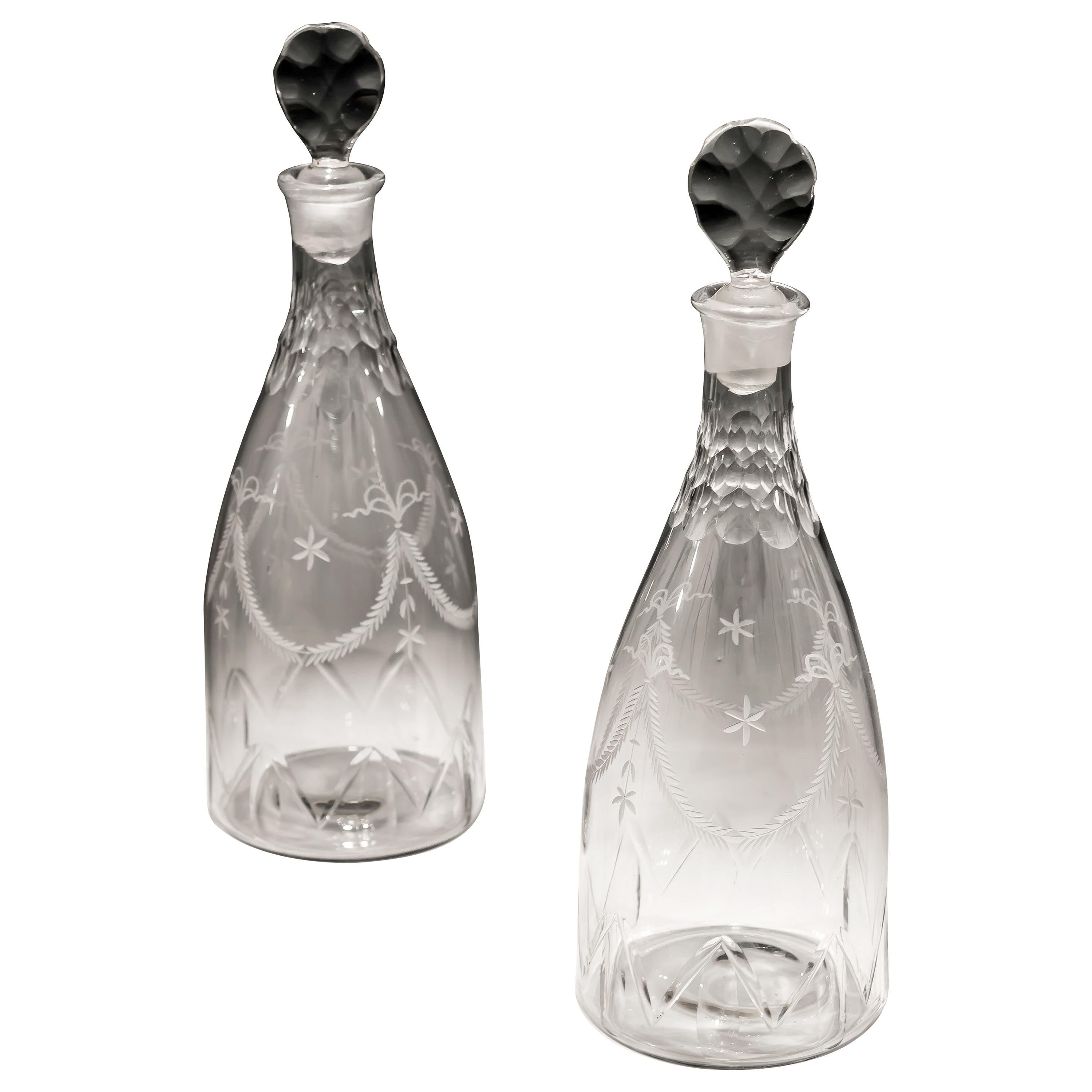 Pair of Finely Engraved Tapered Decanters For Sale at 1stDibs