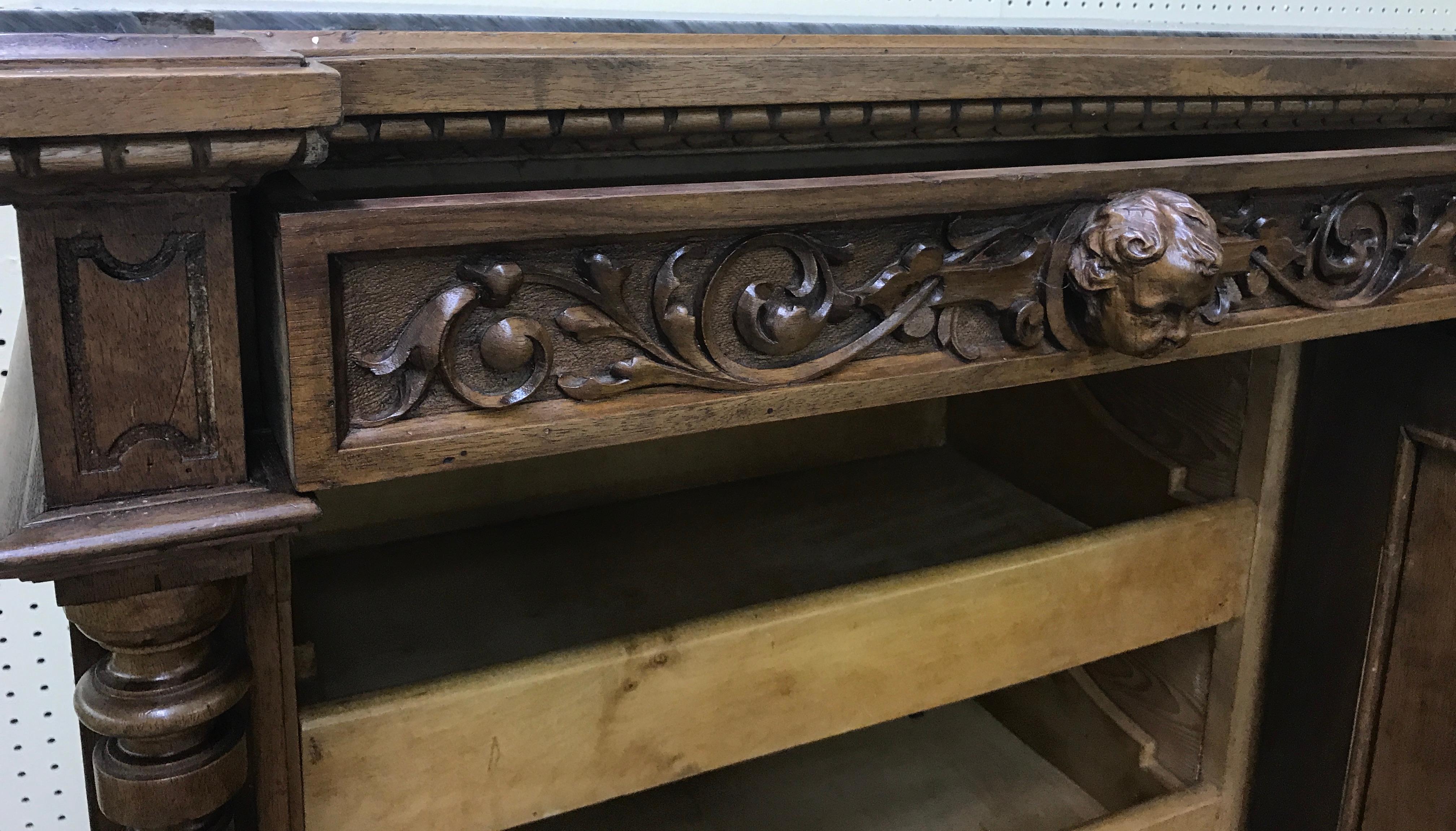 Pair of Flemish Carved Walnut and Marble Cabinets For Sale 4