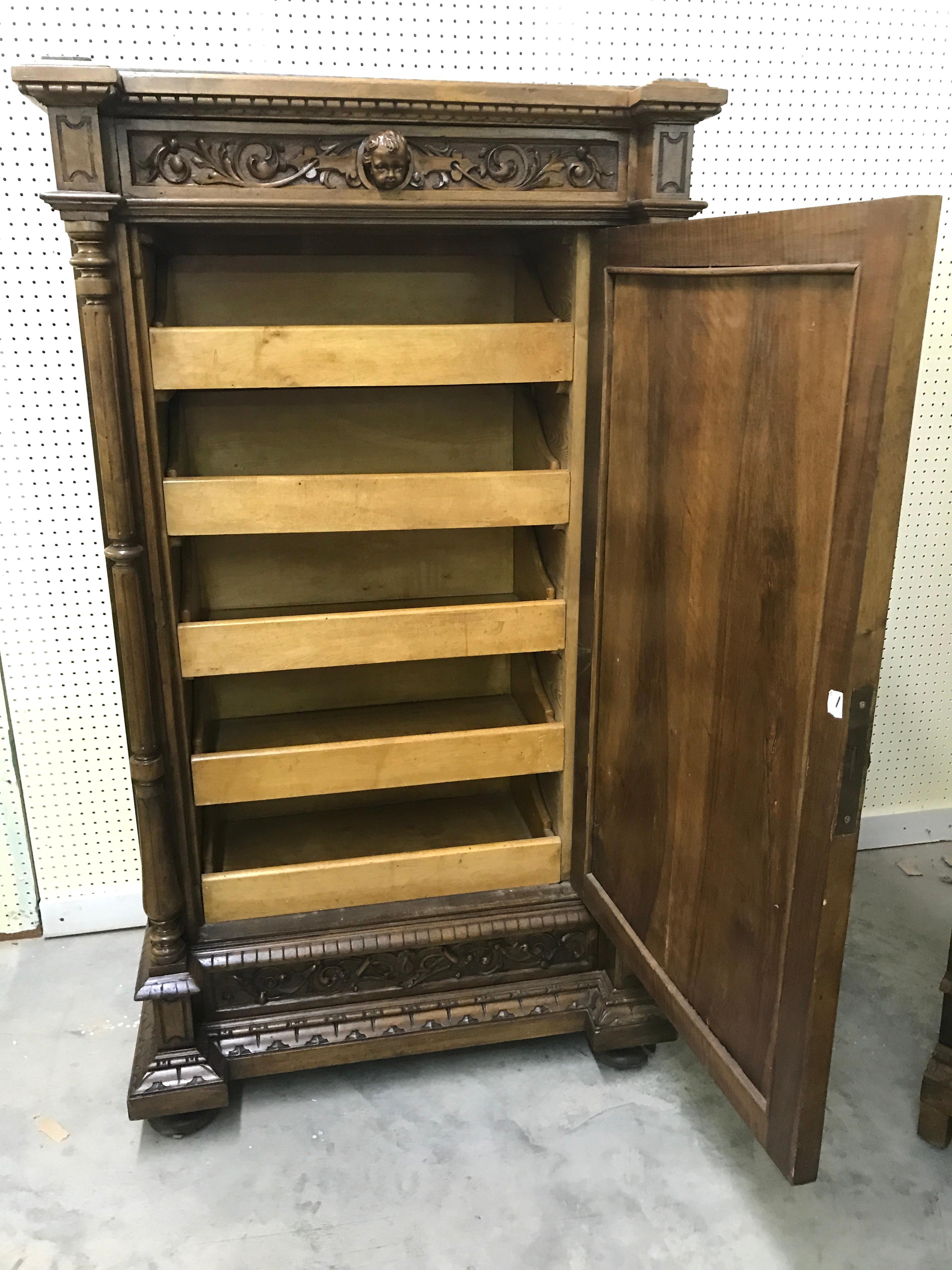 Pair of Flemish Carved Walnut and Marble Cabinets For Sale 5