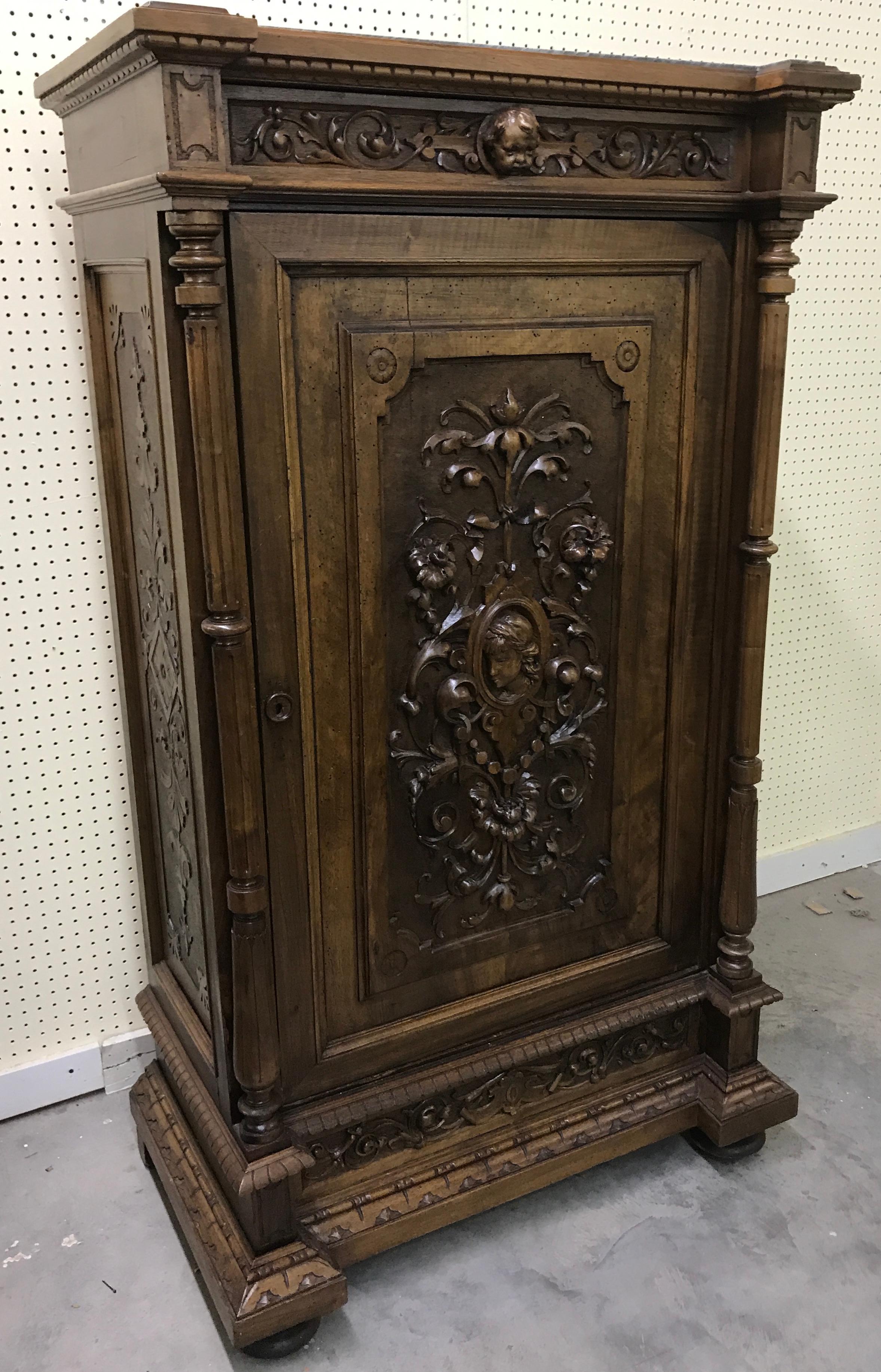 Pair of Flemish Carved Walnut and Marble Cabinets For Sale 7