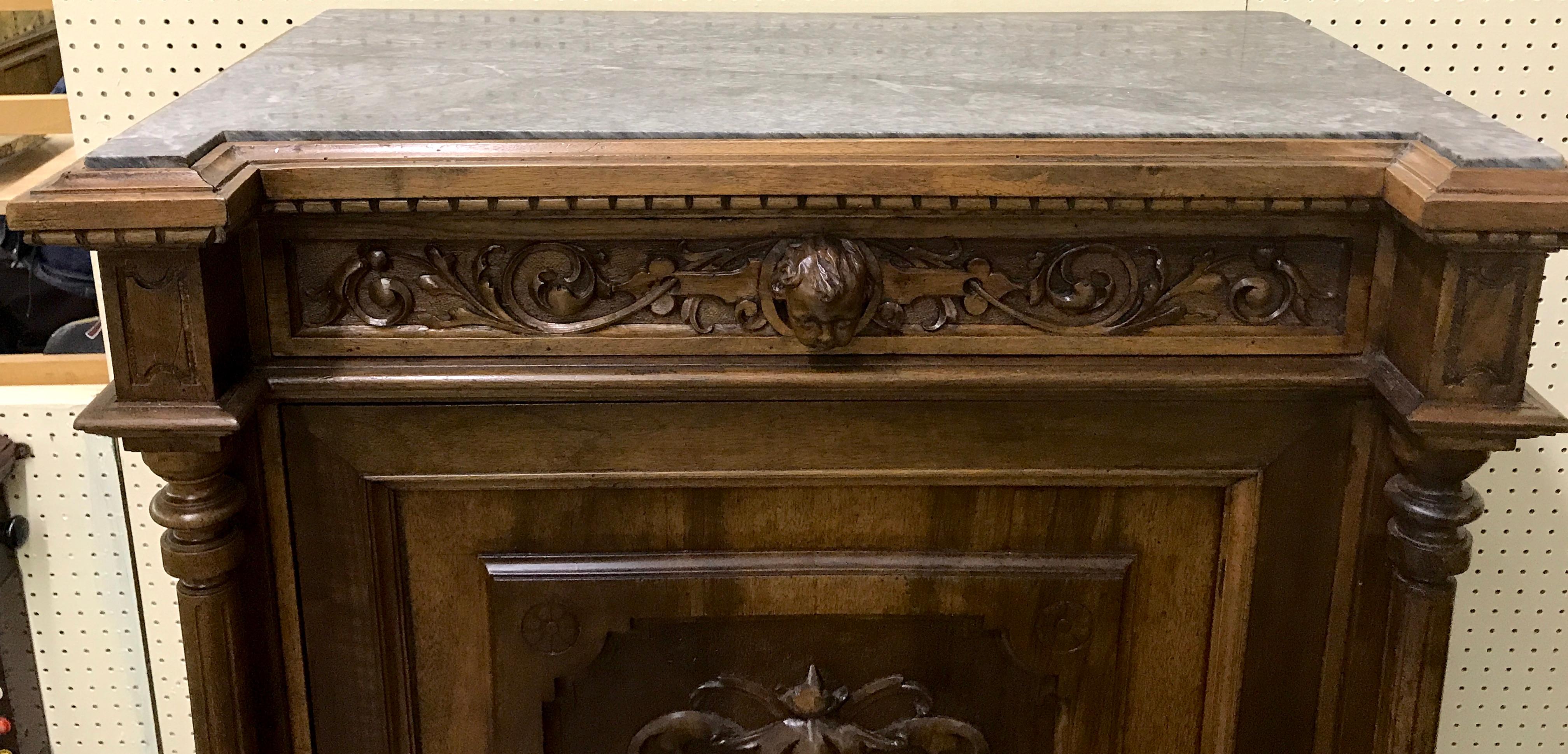 Pair of Flemish Carved Walnut and Marble Cabinets For Sale 10